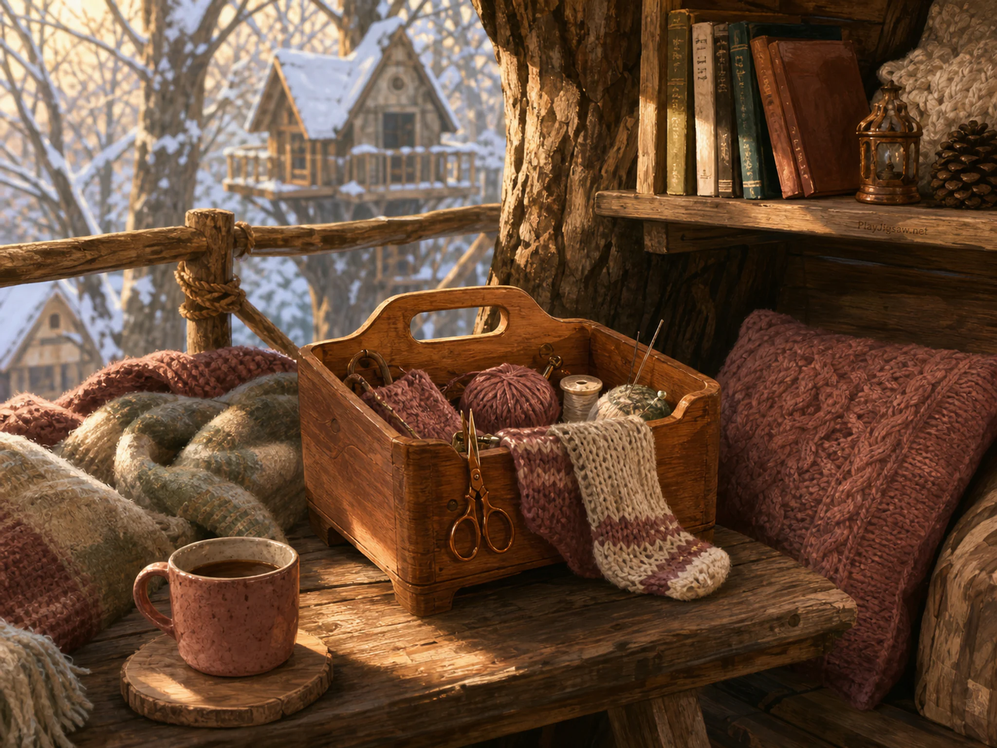 winter mending table resting naturally beside a knitted cushion in a backyard treehouse reading nook with blankets and books without text, with familiar objects and golden.
