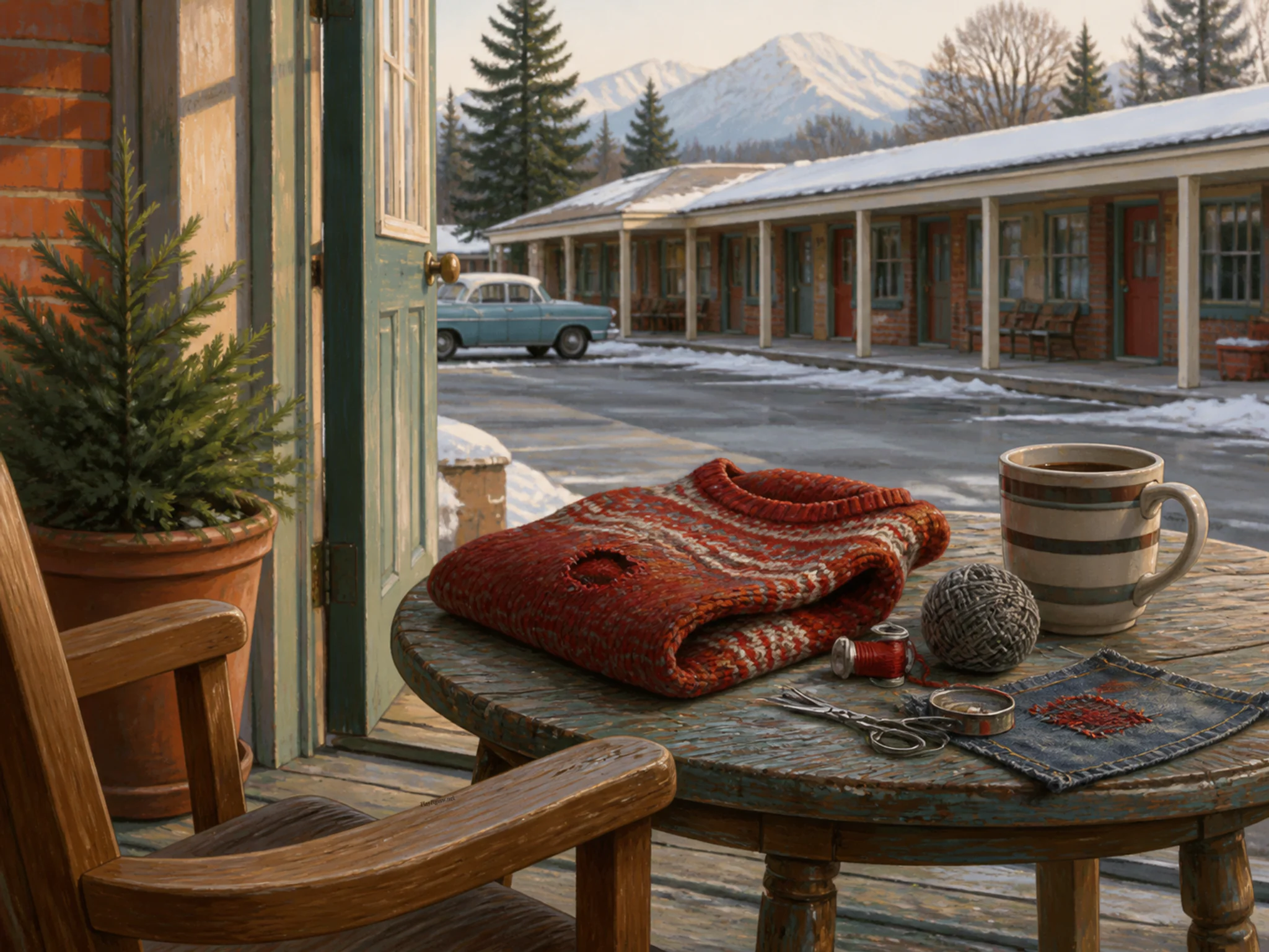 winter mending table resting naturally beside a striped ceramic mug in a quiet roadside motel terrace with a chair and potted plant, with familiar objects and clear early-morning.