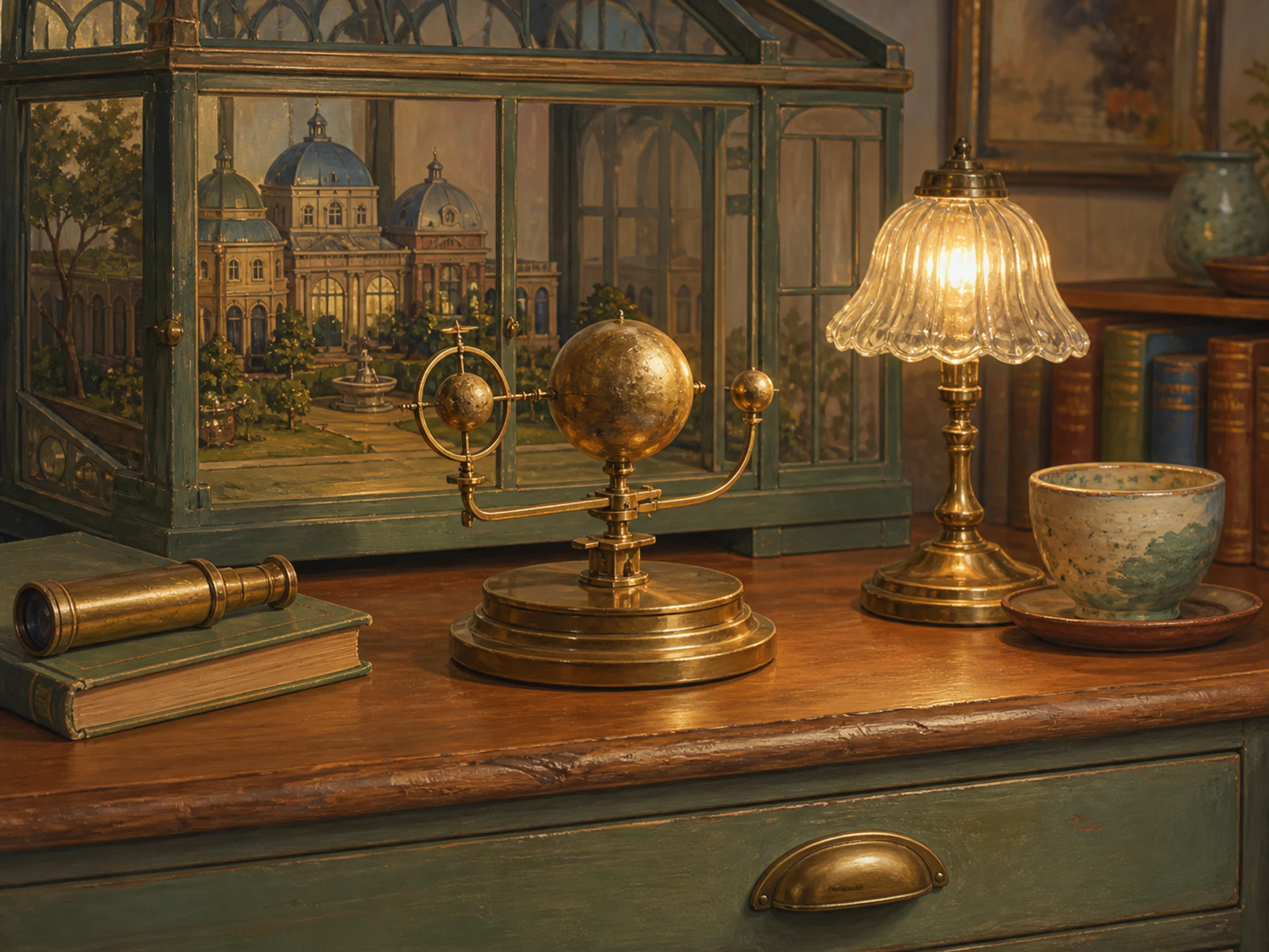 brass moon orrery presented as a handcrafted miniature beside a small brass table lamp in a crystal-palace diorama on a living-room cabinet, with familiar objects and warm.