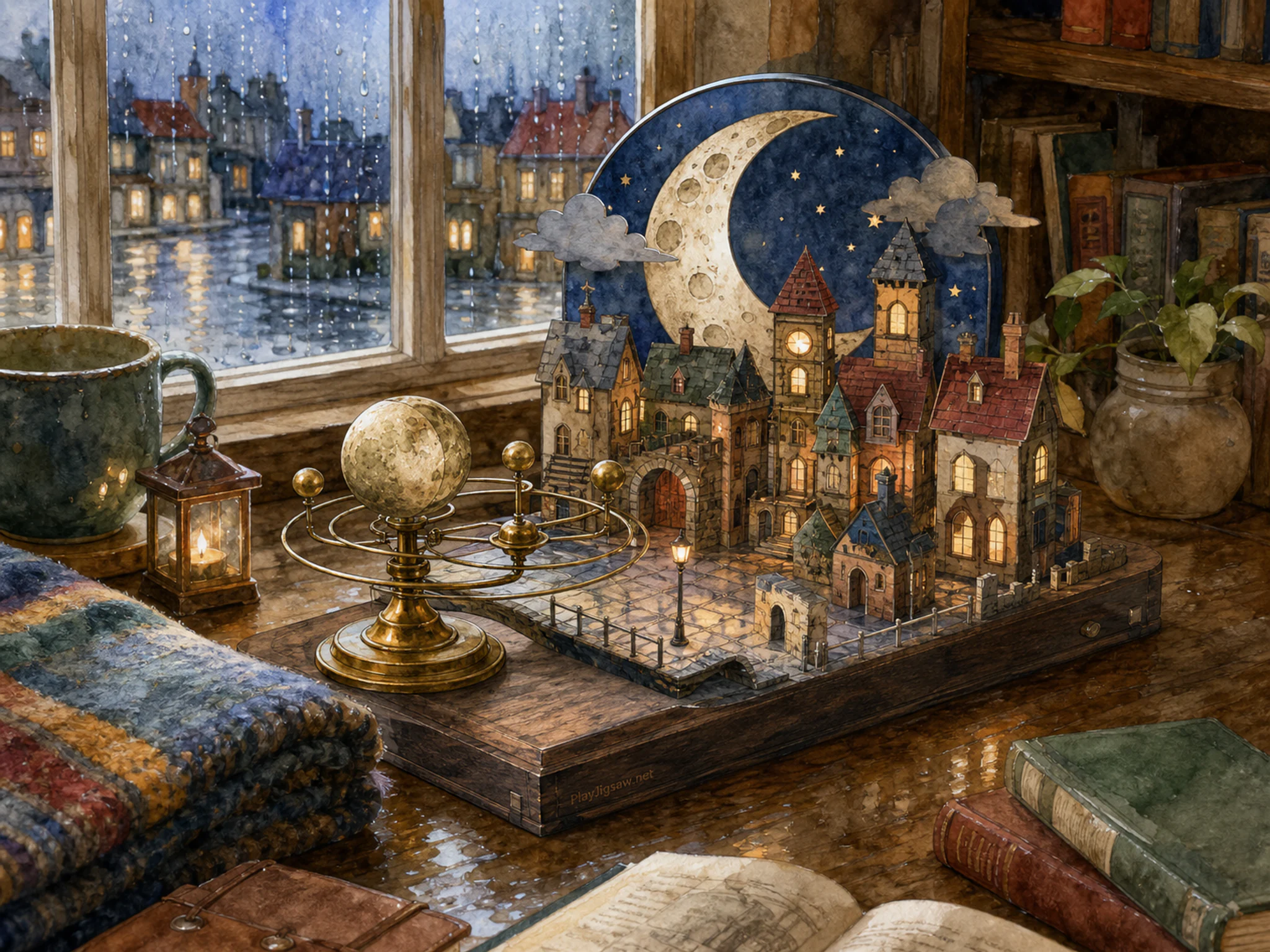 brass moon orrery presented as a handcrafted miniature beside a folded wool blanket in a paper-moon hamlet dollhouse in a familiar reading nook, with familiar objects and gentle.