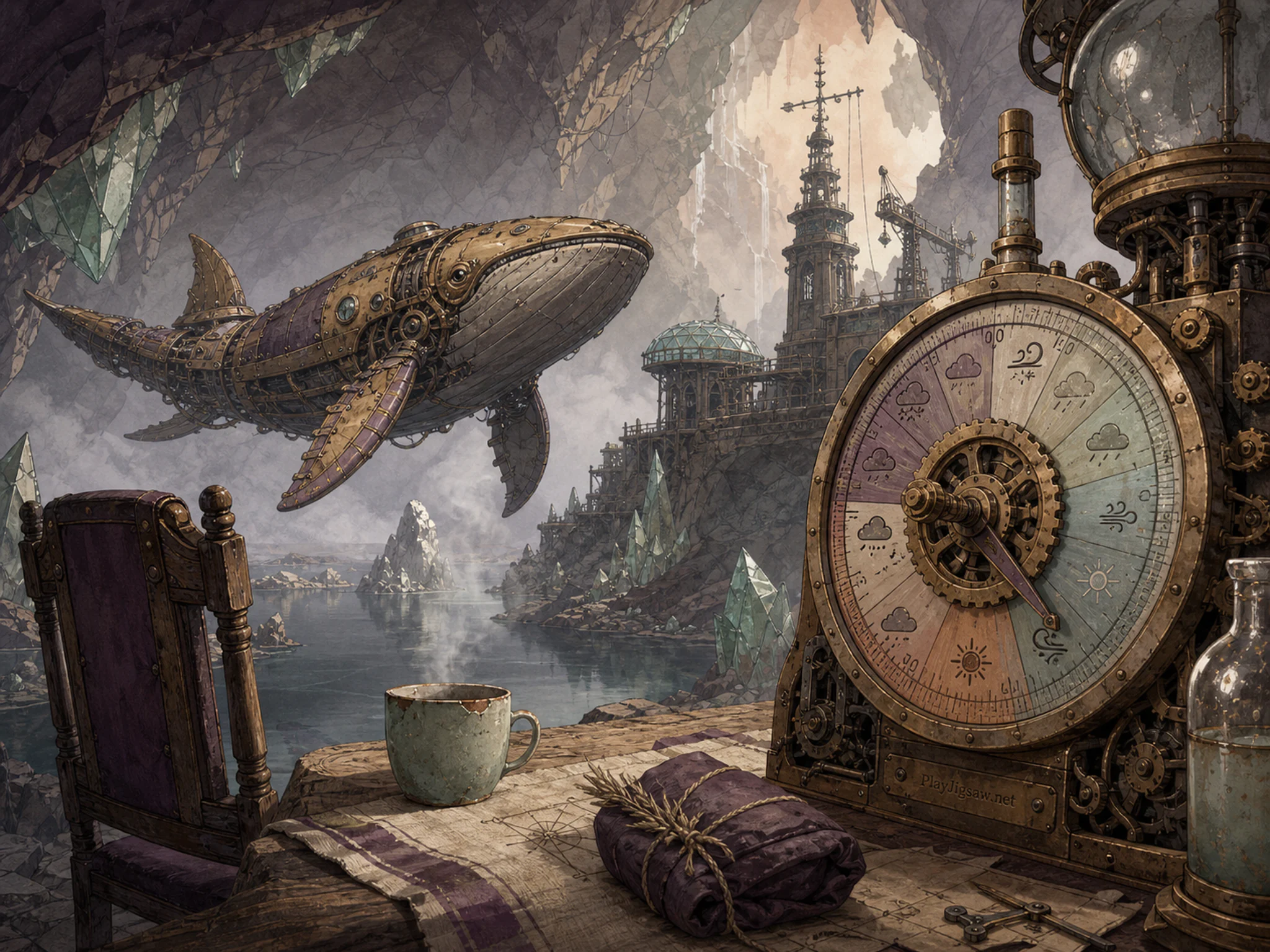 Clockwork Whale turning beside calibrated gear dial in a faceted underground realm, composed as close foreground detail on one side balanced by a small complete subject in the.
