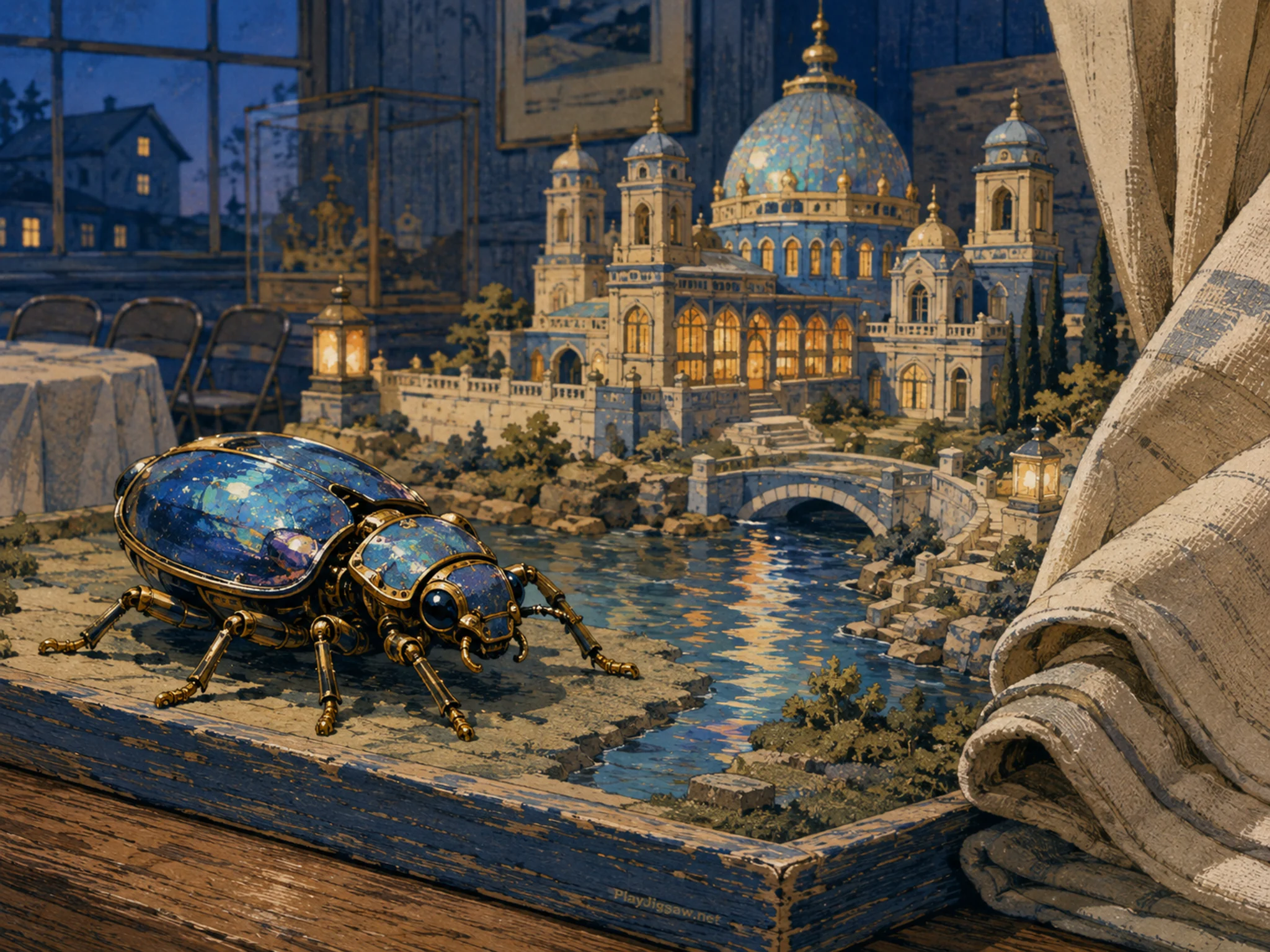 mechanical beetle presented as a handcrafted miniature beside a folded canvas curtain in an opal river-palace diorama in a quiet community-hall display, with familiar objects and.