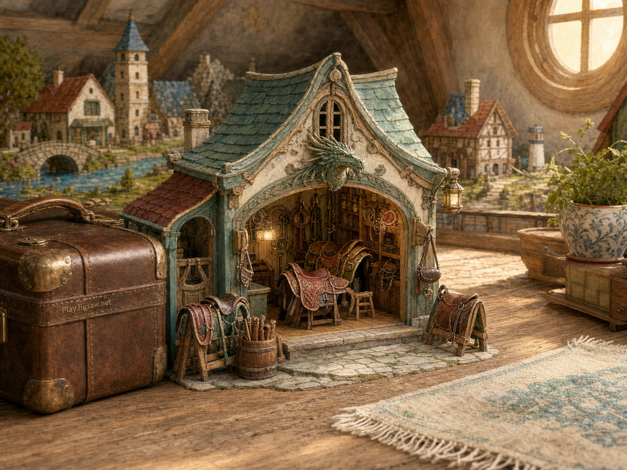 dragon saddle shop presented as a handcrafted miniature beside a familiar leather suitcase in a handcrafted miniature village displayed on an attic floor, with familiar objects.