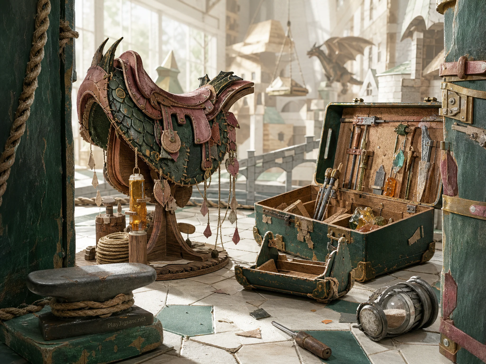 Dragon Saddle Shop being repaired beside well-used magical tool case in a playful oversized household world, composed as low threshold view framed by two unequal vertical.