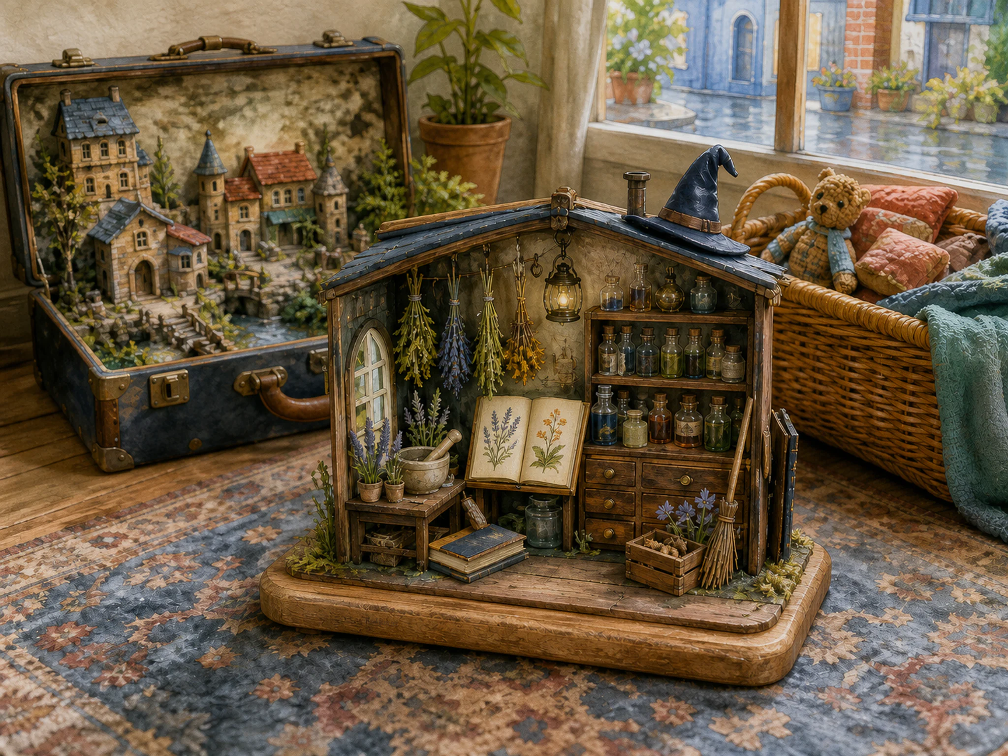 tiny wizard herbarium presented as a handcrafted miniature beside a wicker toy basket in a second handcrafted suitcase village displayed on a living-room rug, with familiar.