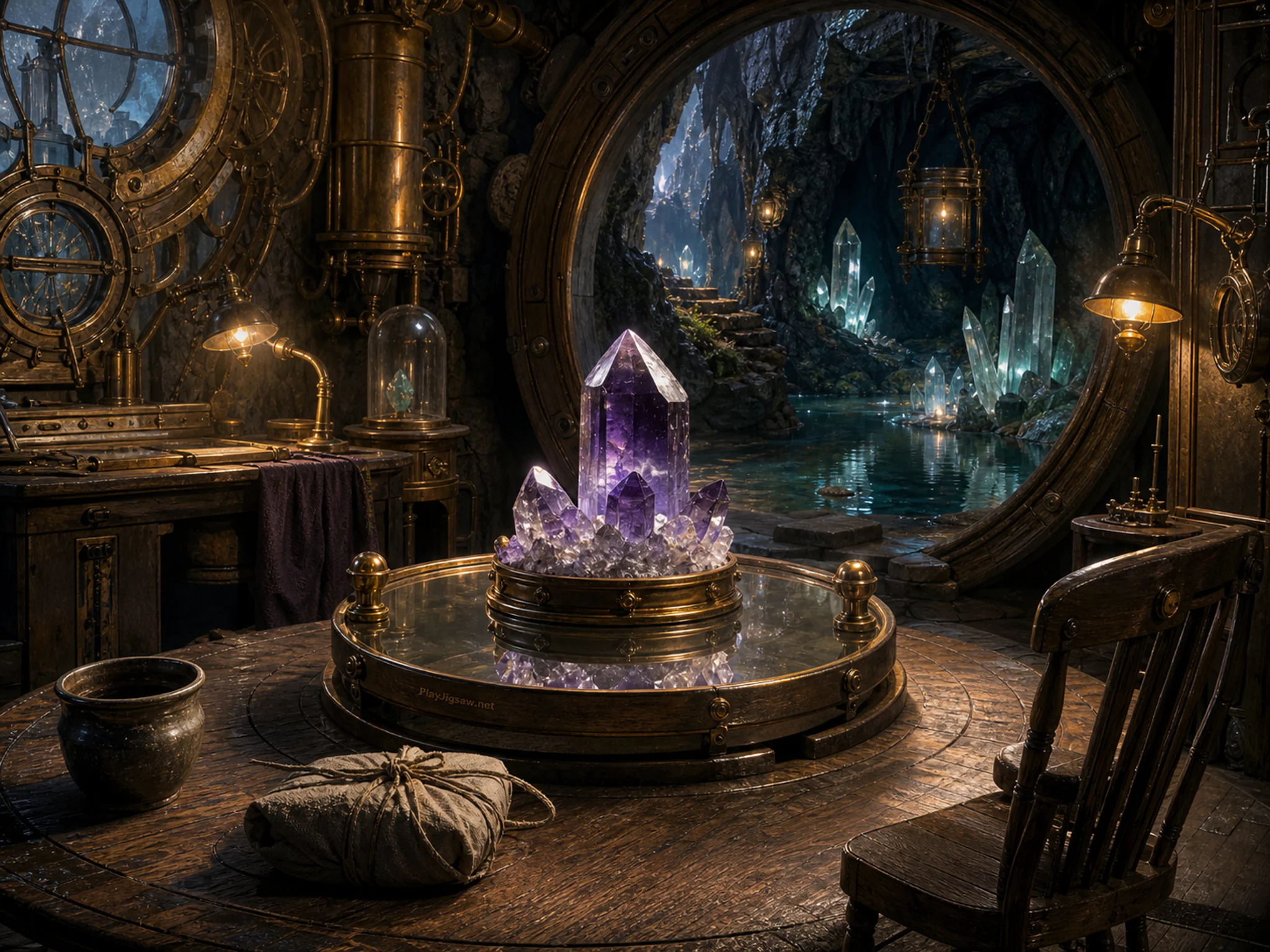 Amethyst Key Cavern reflecting across crystal specimen stand in a brass mechanical chamber, composed as panoramic cross-section with five large landmarks and quiet breathing room.