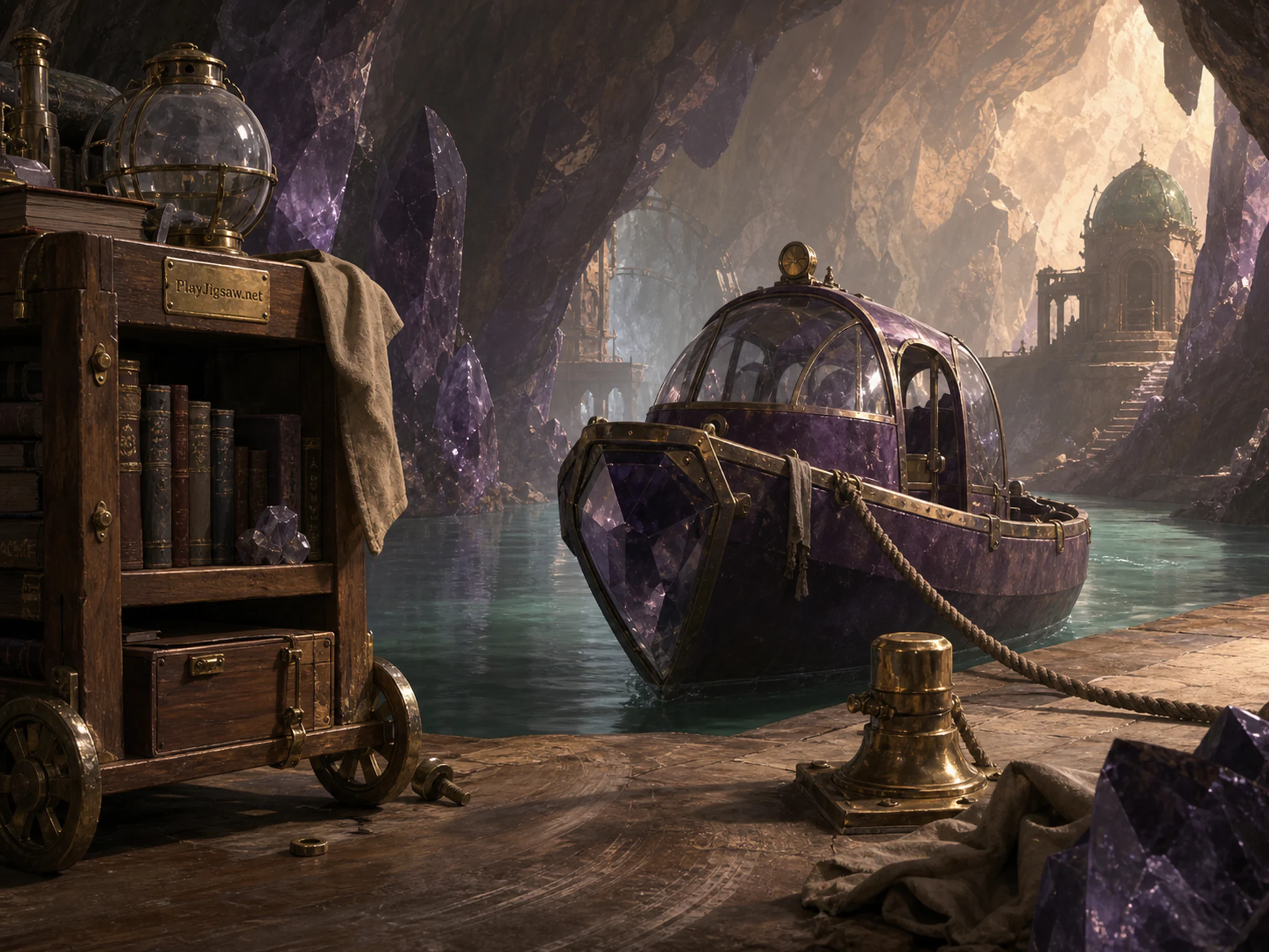 Amethyst Key Cavern moored near rope-and-brass mooring in a faceted underground realm, composed as compressed telephoto layers with distinct silhouettes and no repeated.