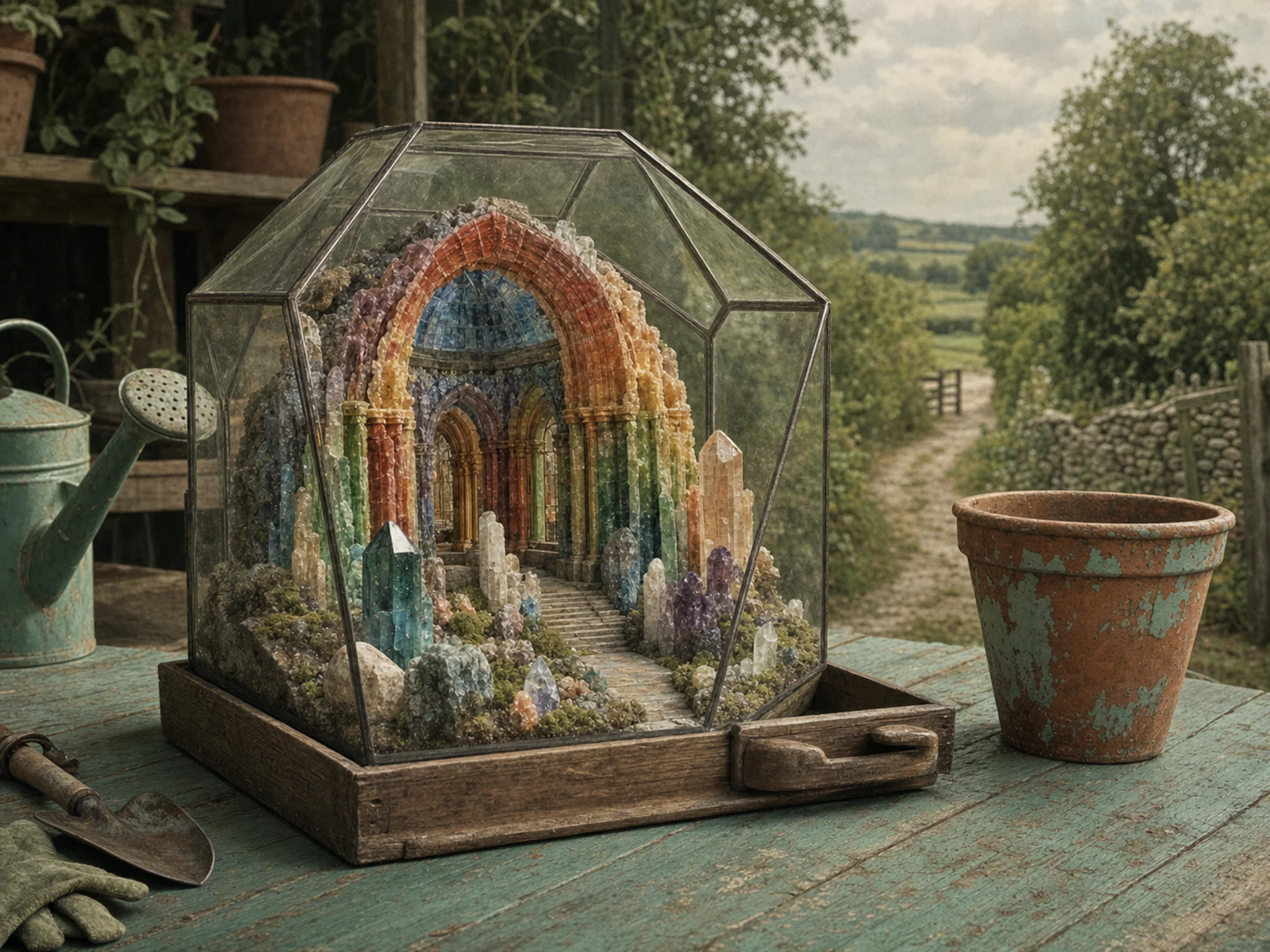 rainbow mineral hall presented as a handcrafted miniature beside a chipped terracotta pot in a singing-stone garden terrarium on a backyard potting bench, with familiar objects.