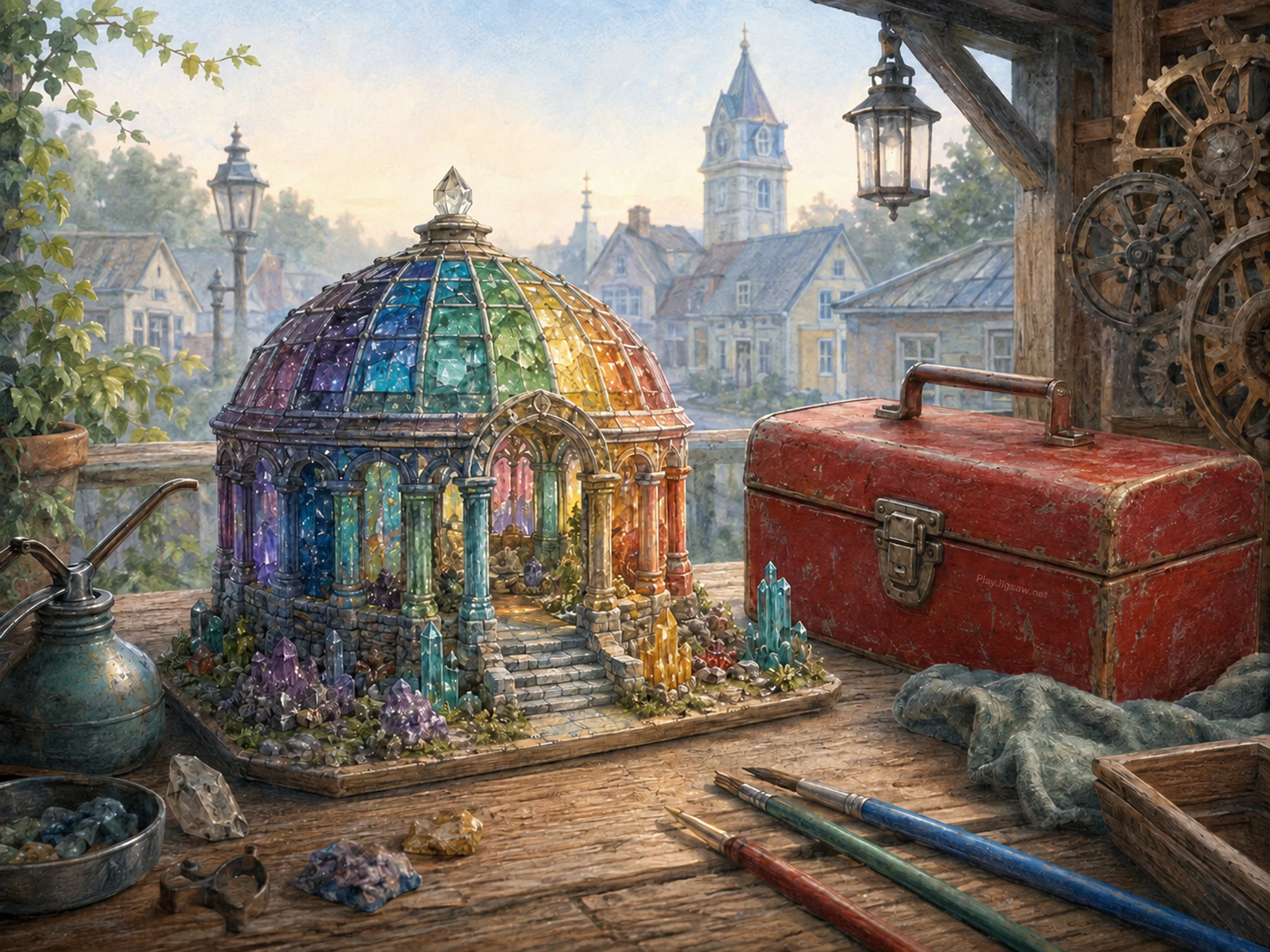 rainbow mineral hall presented as a handcrafted miniature beside a red metal toolbox in a clockwork gear-garden pavilion on a garage workbench, with familiar objects and calm.