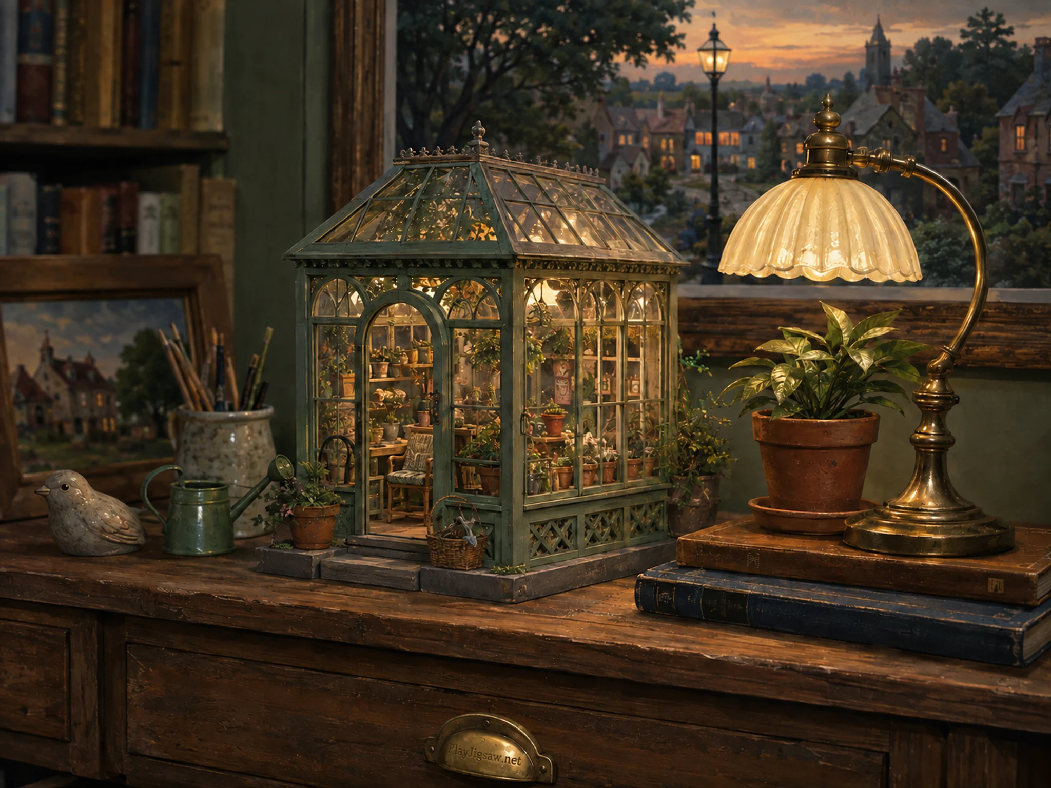 fairy glasshouse presented as a handcrafted miniature beside a small brass table lamp in a crystal-palace diorama on a living-room cabinet, with familiar objects and warm.