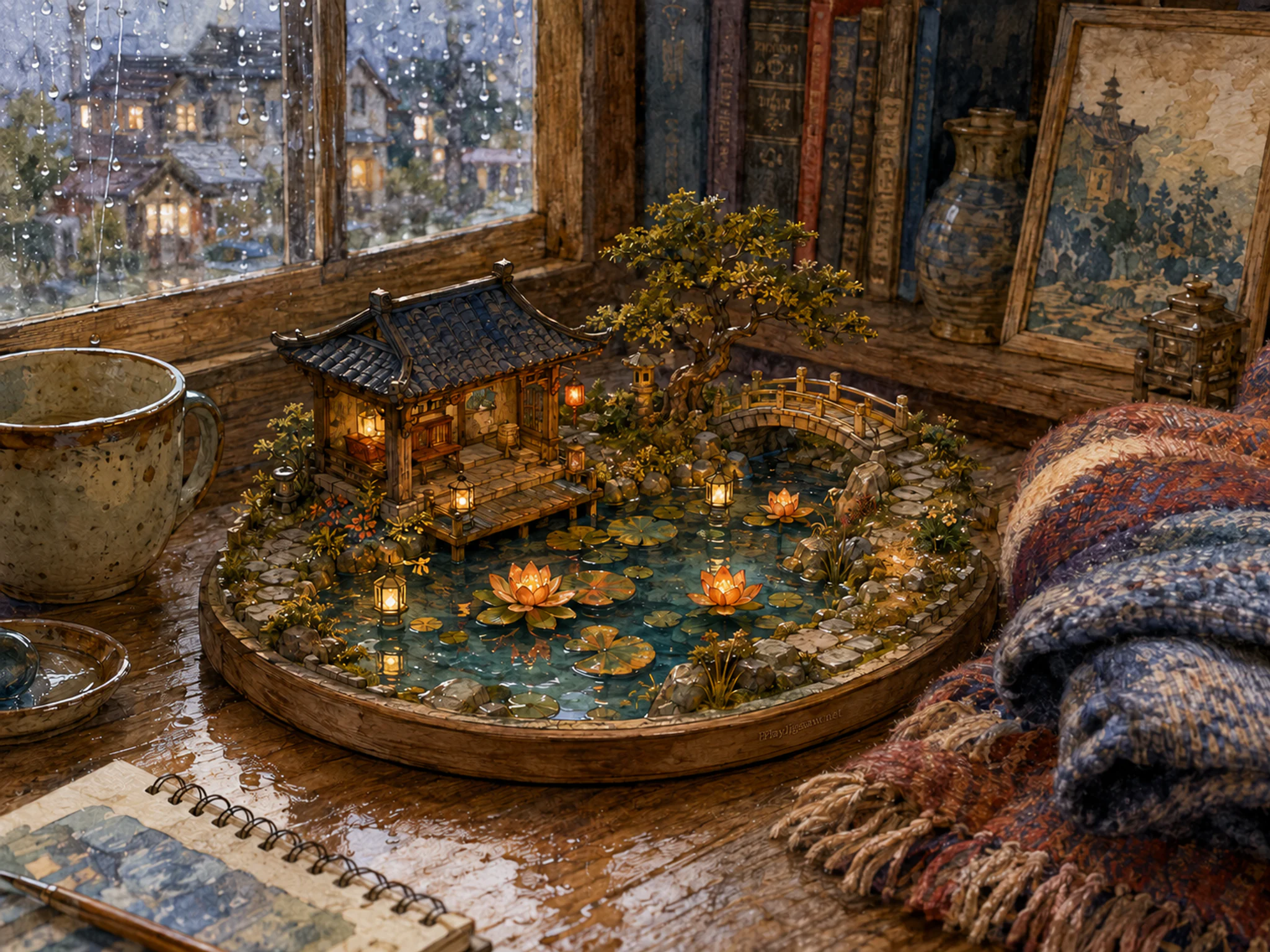 lantern lily pond presented as a handcrafted miniature beside a folded wool blanket in a paper-moon hamlet dollhouse in a familiar reading nook, with familiar objects and gentle.