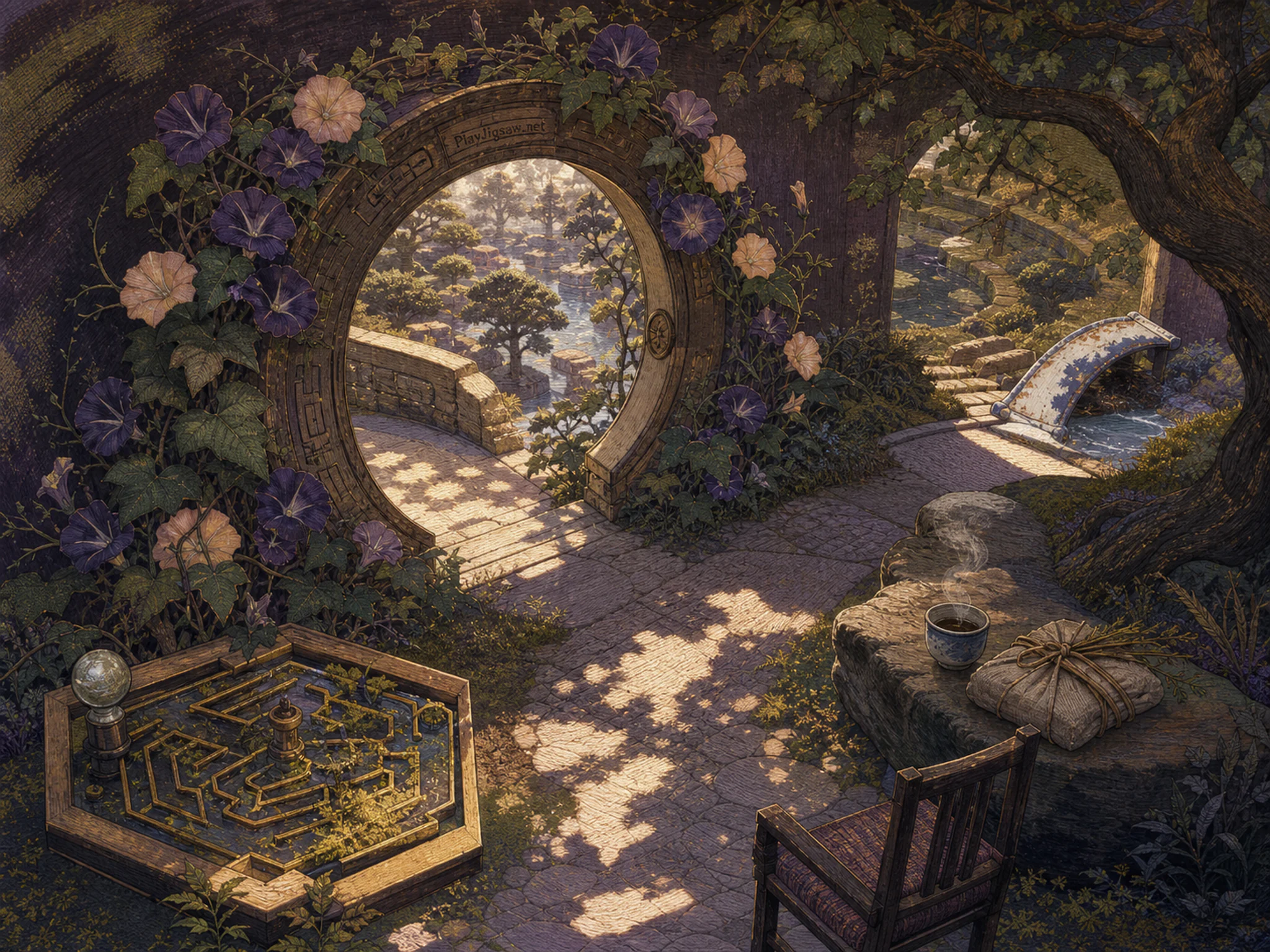 Moonflower Maze blooming around carved moon gate in a moonlit impossible garden, composed as overhead working map with irregular object islands, strong spacing, and a single.