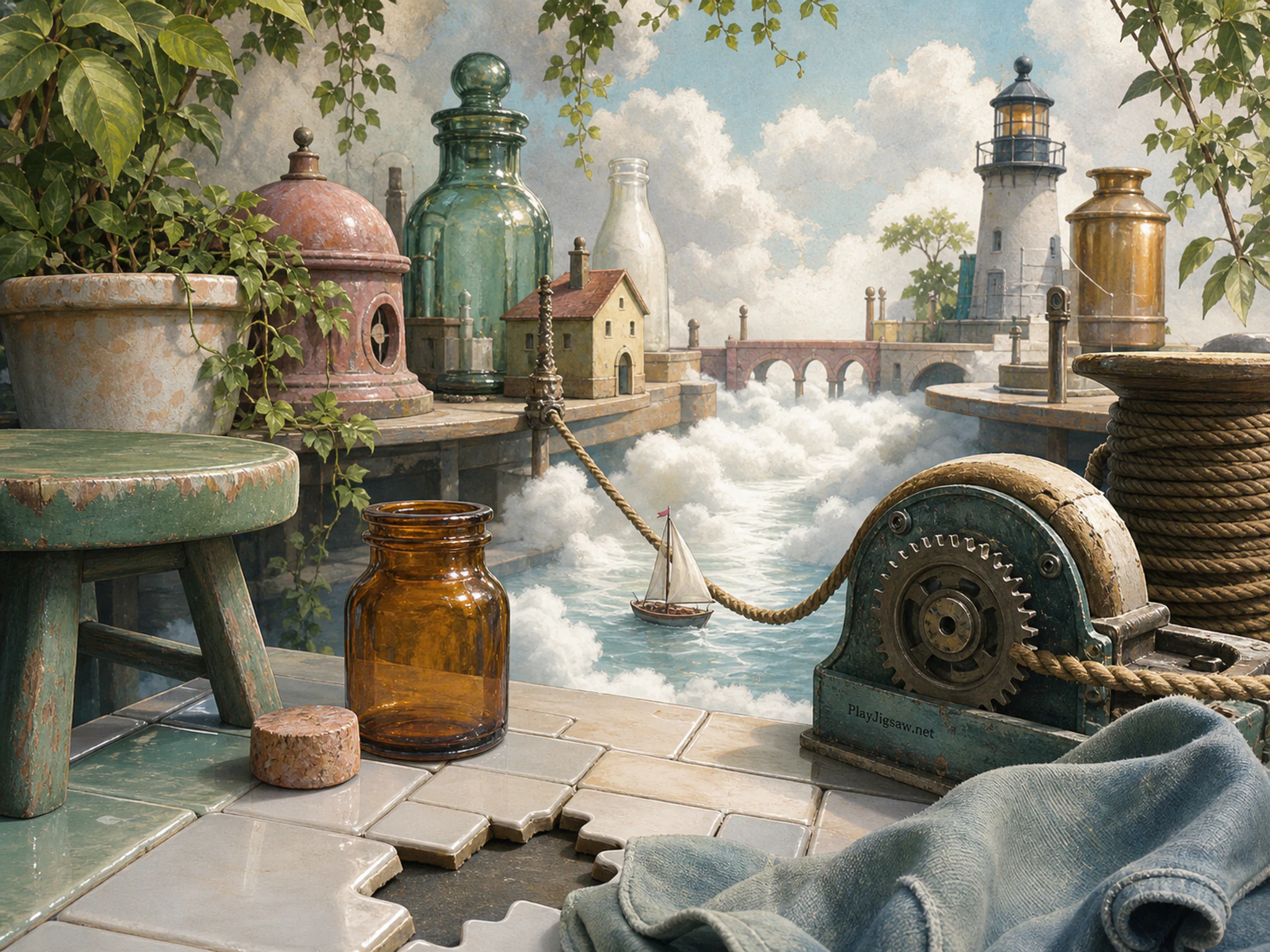 Cloud Harbor winding through glowing path lantern in a playful oversized household world, composed as stepped depth composition with three terraces, shelves, platforms, or.
