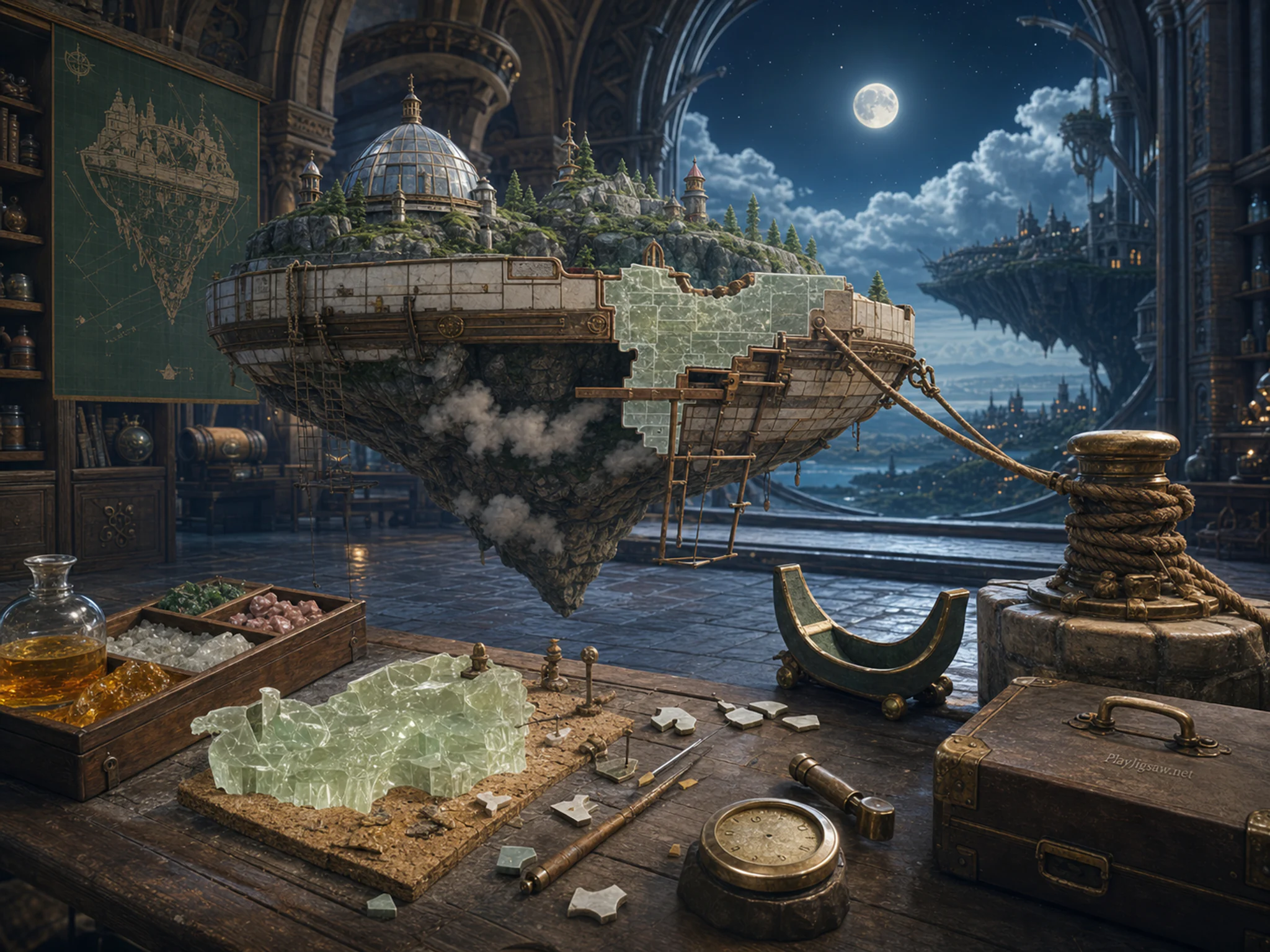 Cloud Harbor moored near rope-and-brass mooring in a high enchanted reading hall, composed as wide lateral workflow from raw material at left through transformation to finished.