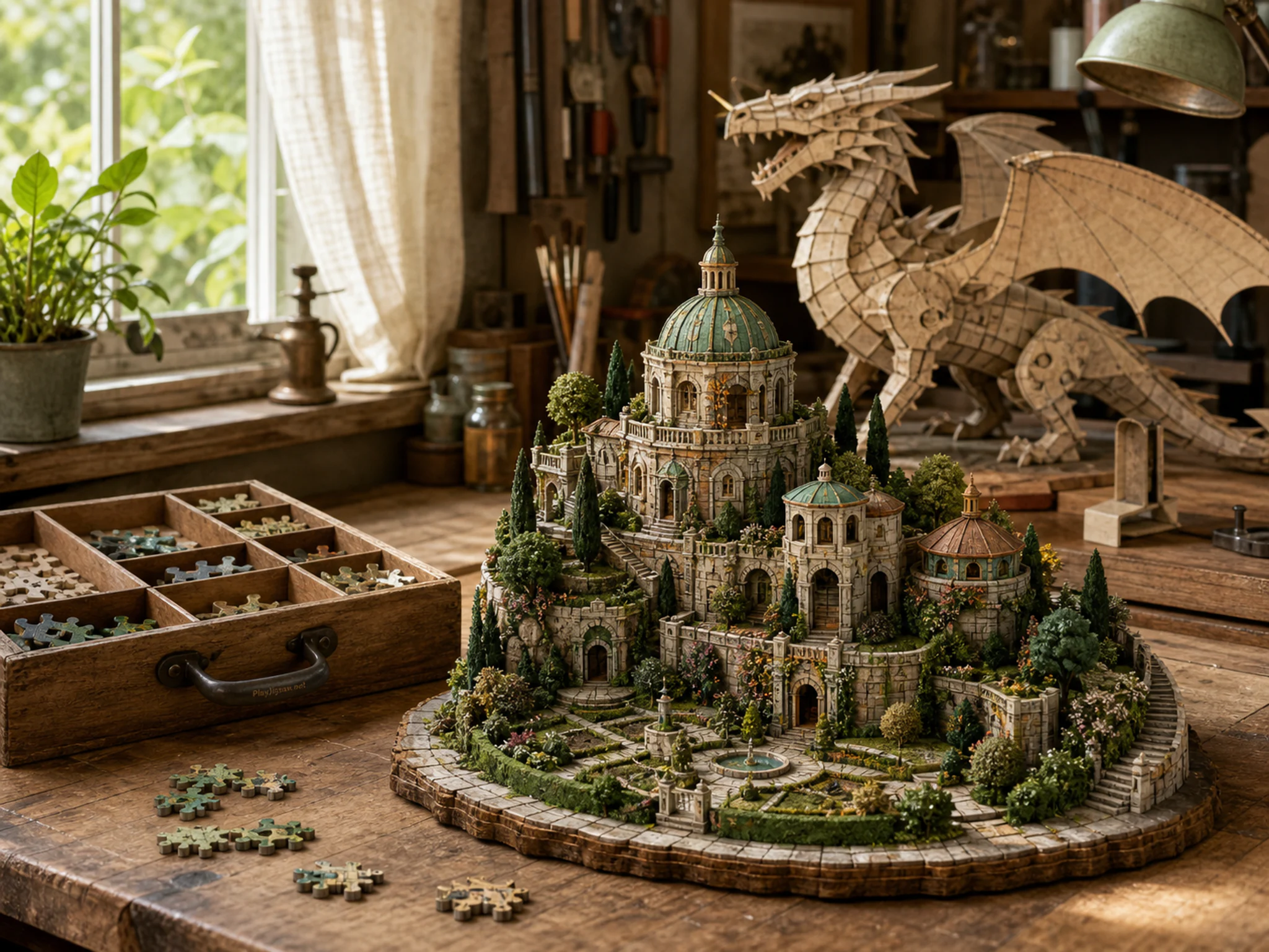 garden citadel presented as a handcrafted miniature beside a wooden parts box in a mechanical paper-dragon studio model on a neighborhood repair bench, with familiar objects and.