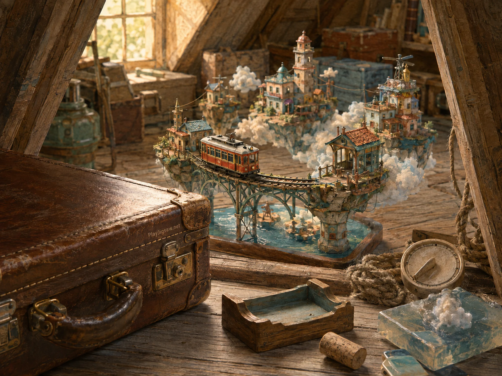sky railway presented as a handcrafted miniature beside a familiar leather suitcase in a handcrafted miniature village displayed on an attic floor, with familiar objects and warm.