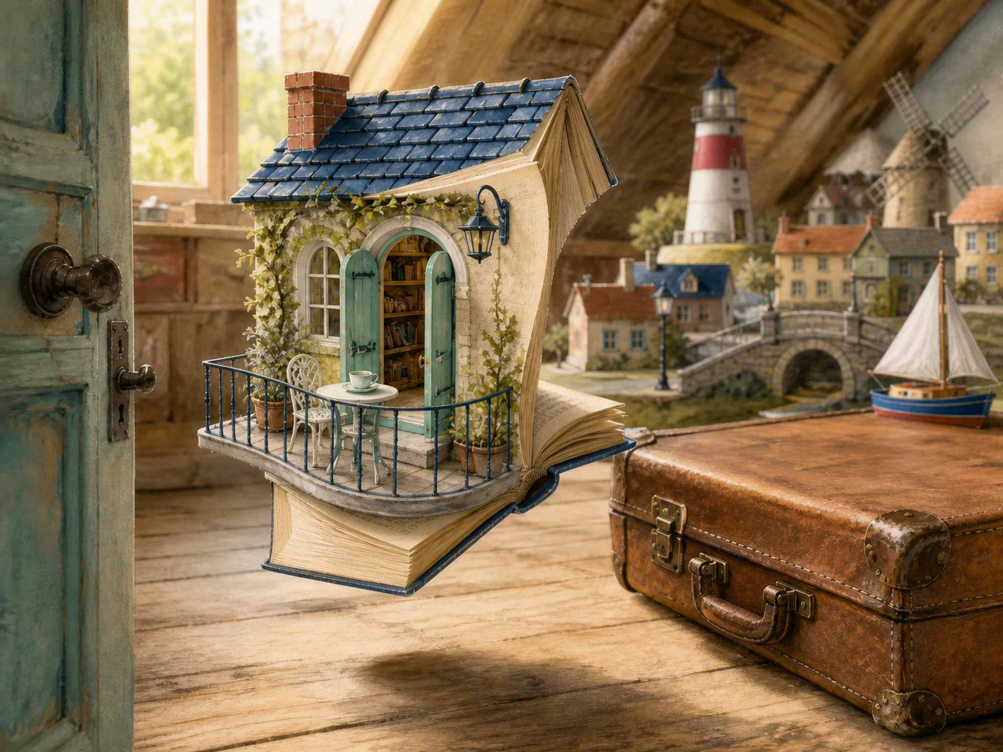 floating book balcony presented as a handcrafted miniature beside a familiar leather suitcase in a handcrafted miniature village displayed on an attic floor, with familiar.