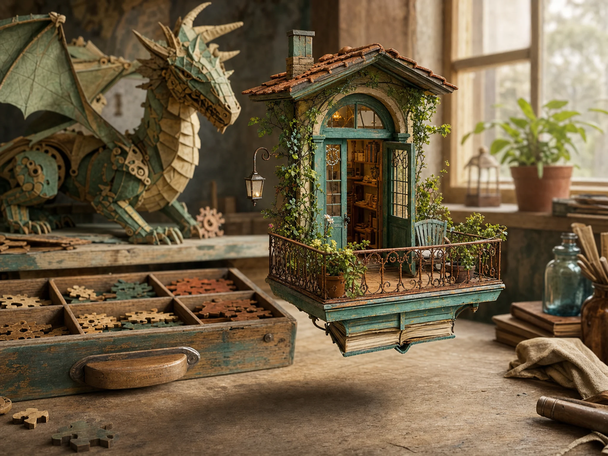 floating book balcony presented as a handcrafted miniature beside a wooden parts box in a mechanical paper-dragon studio model on a neighborhood repair bench, with familiar.
