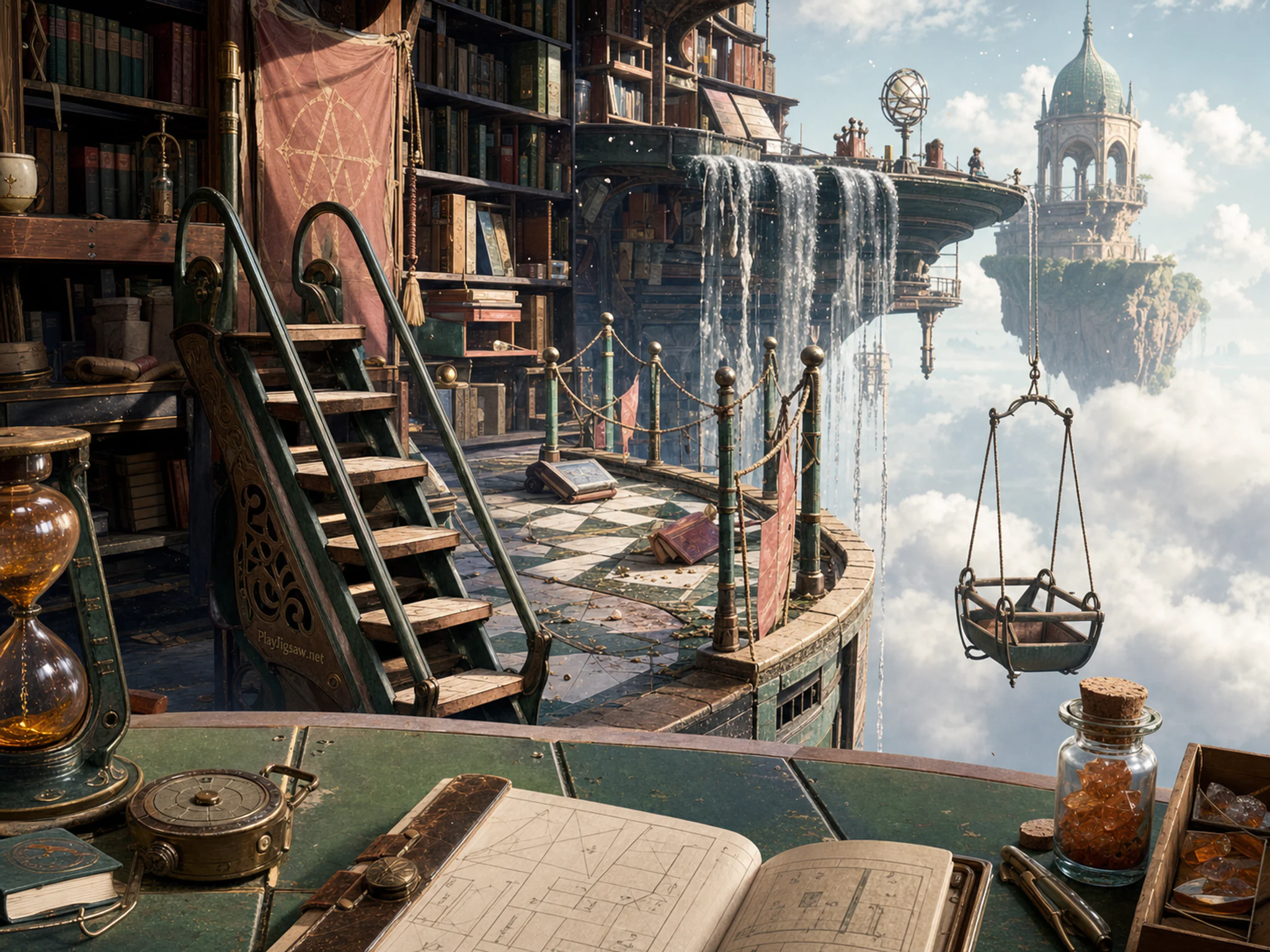 Waterfall Library hovering above rolling library ladder in a cloud-ringed floating dock, composed as view from behind a foreground work surface toward a narrow diagonal route and.