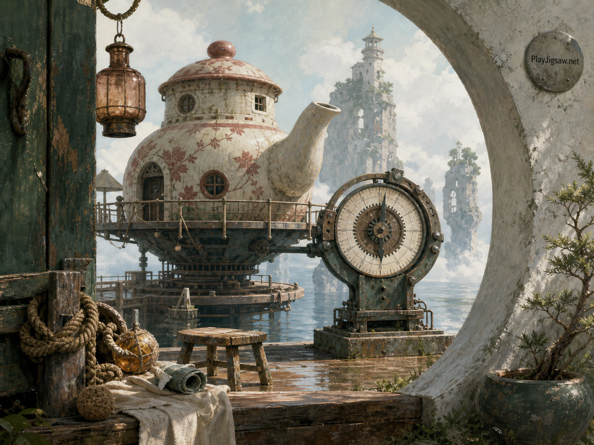 Giant Teapot House turning beside calibrated gear dial in a cloud-ringed floating dock, composed as low threshold view framed by two unequal vertical elements, opening into a.