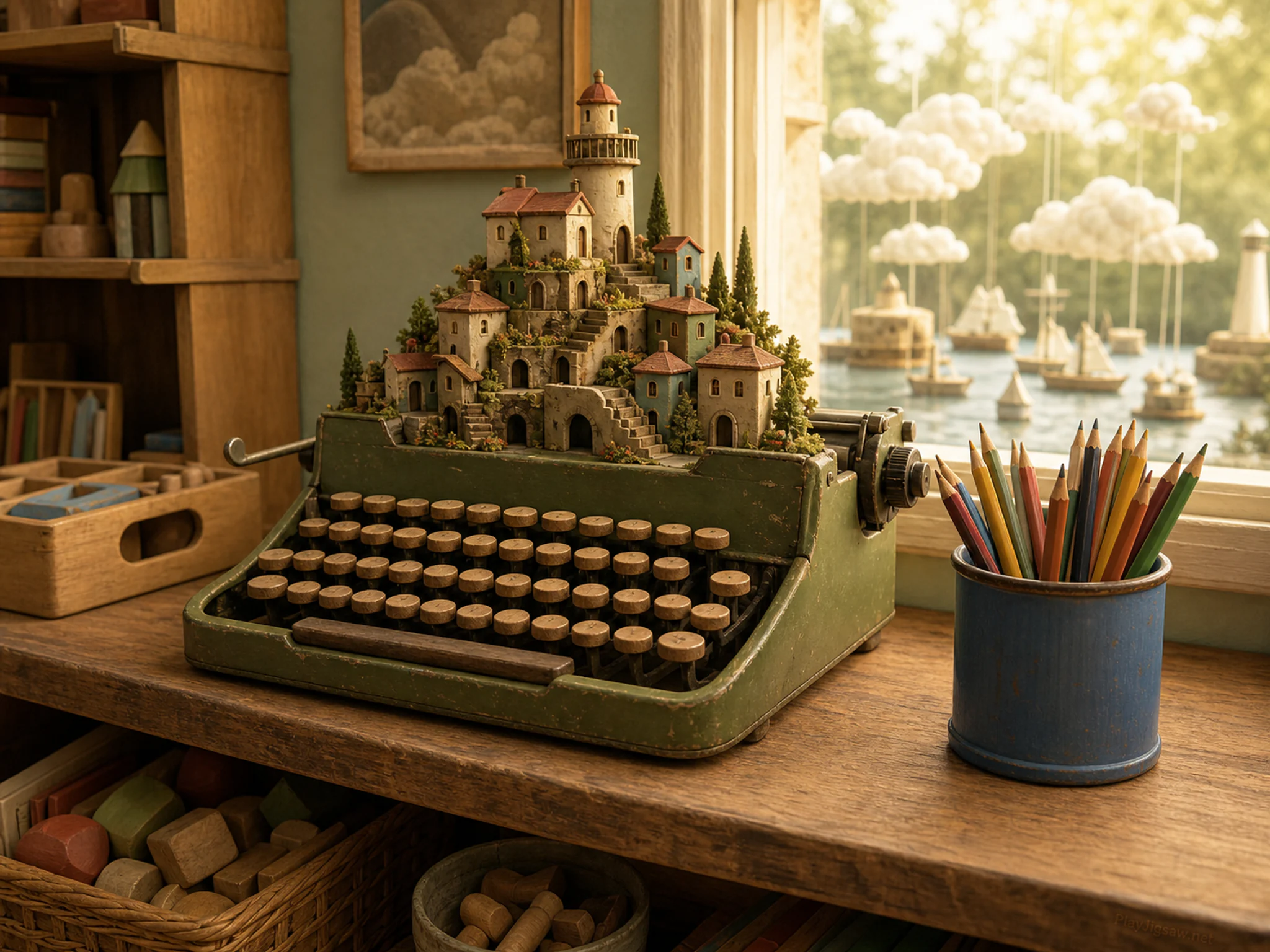 typewriter town presented as a handcrafted miniature beside a blue pencil cup without text in a cloud-harbor model on a classroom activity shelf, with familiar objects and golden.
