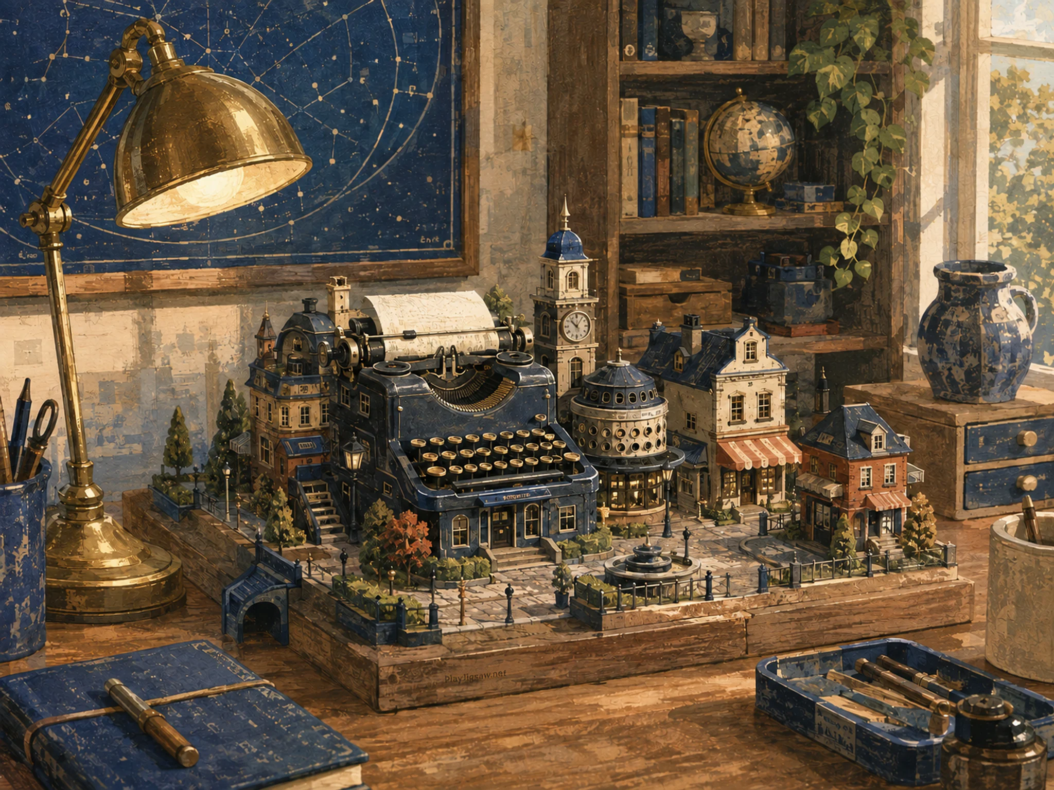 typewriter town presented as a handcrafted miniature beside a brass table lamp in a star-map reading-hall miniature on a home study desk, with familiar objects and clear.