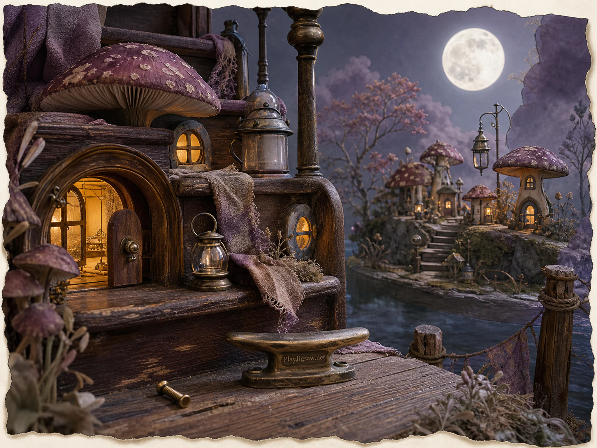 Mushroom Lantern Village built within miniature household stair in a moonlit impossible garden, composed as close foreground detail on one side balanced by a small complete.
