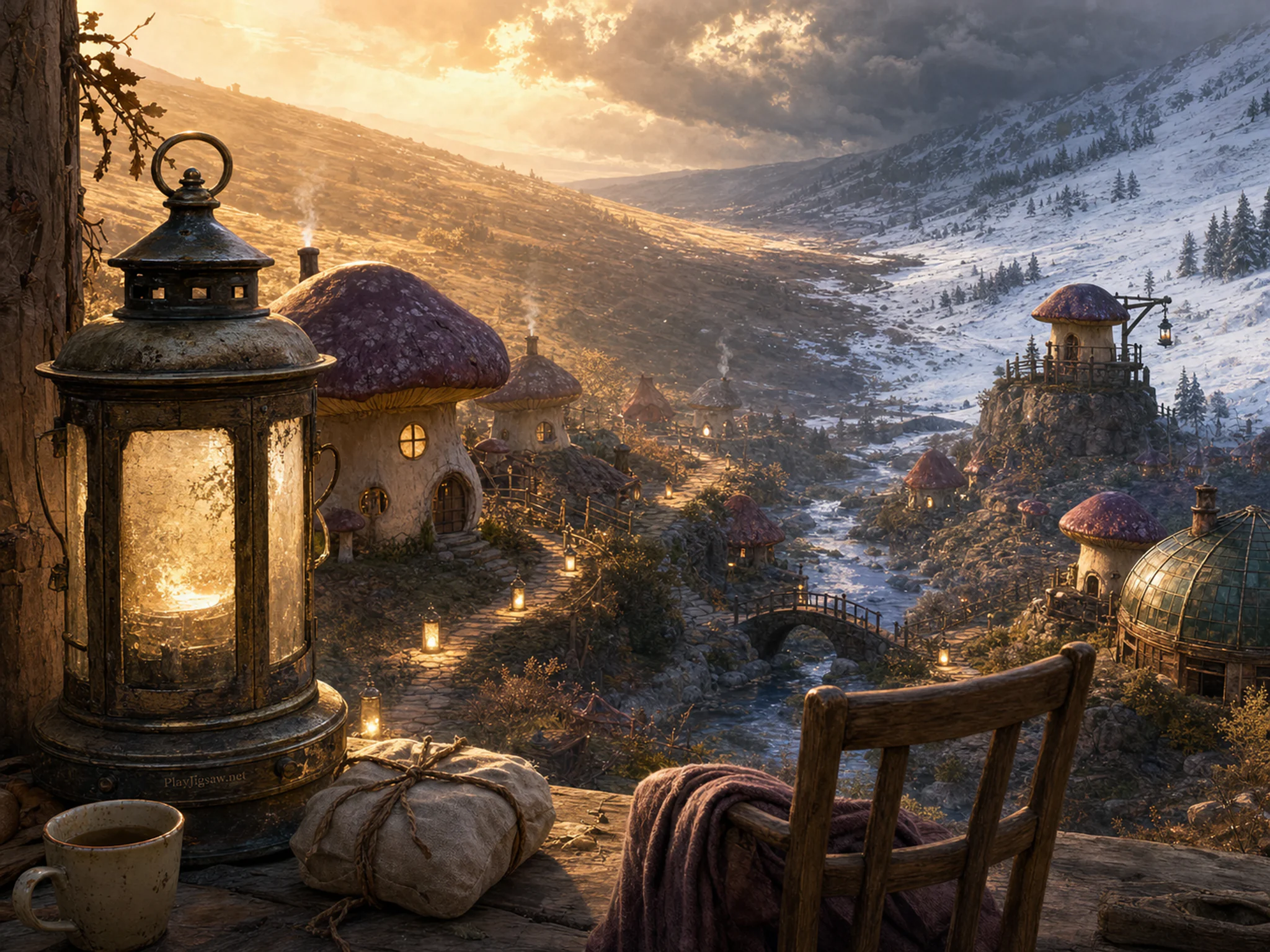 Mushroom Lantern Village winding through glowing path lantern in a luminous miniature valley, composed as corner-turn composition where the scene continues around an edge and.