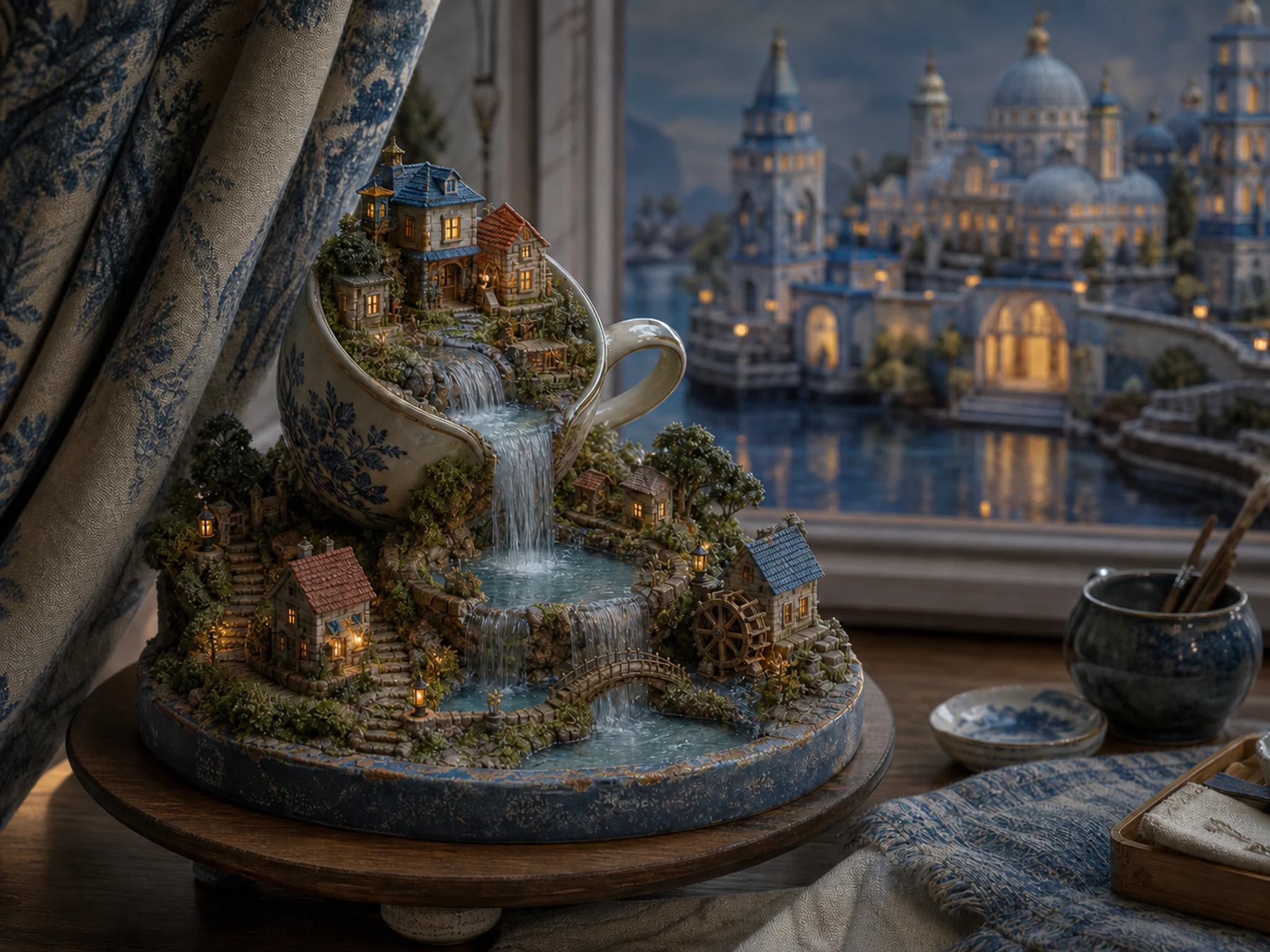 teacup waterfall village presented as a handcrafted miniature beside a folded canvas curtain in an opal river-palace diorama in a quiet community-hall display, with familiar.