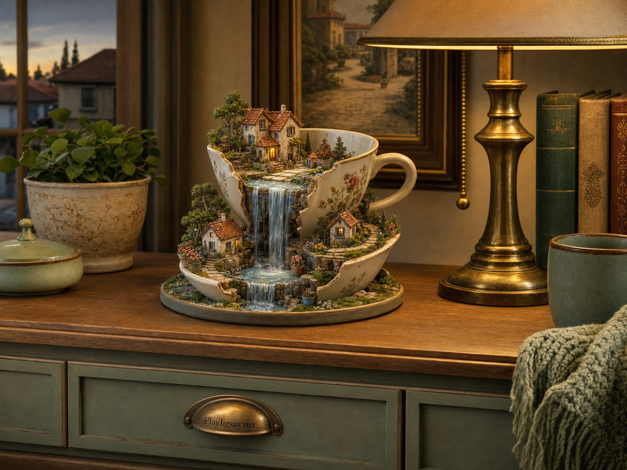 teacup waterfall village presented as a handcrafted miniature beside a small brass table lamp in a crystal-palace diorama on a living-room cabinet, with familiar objects and warm.