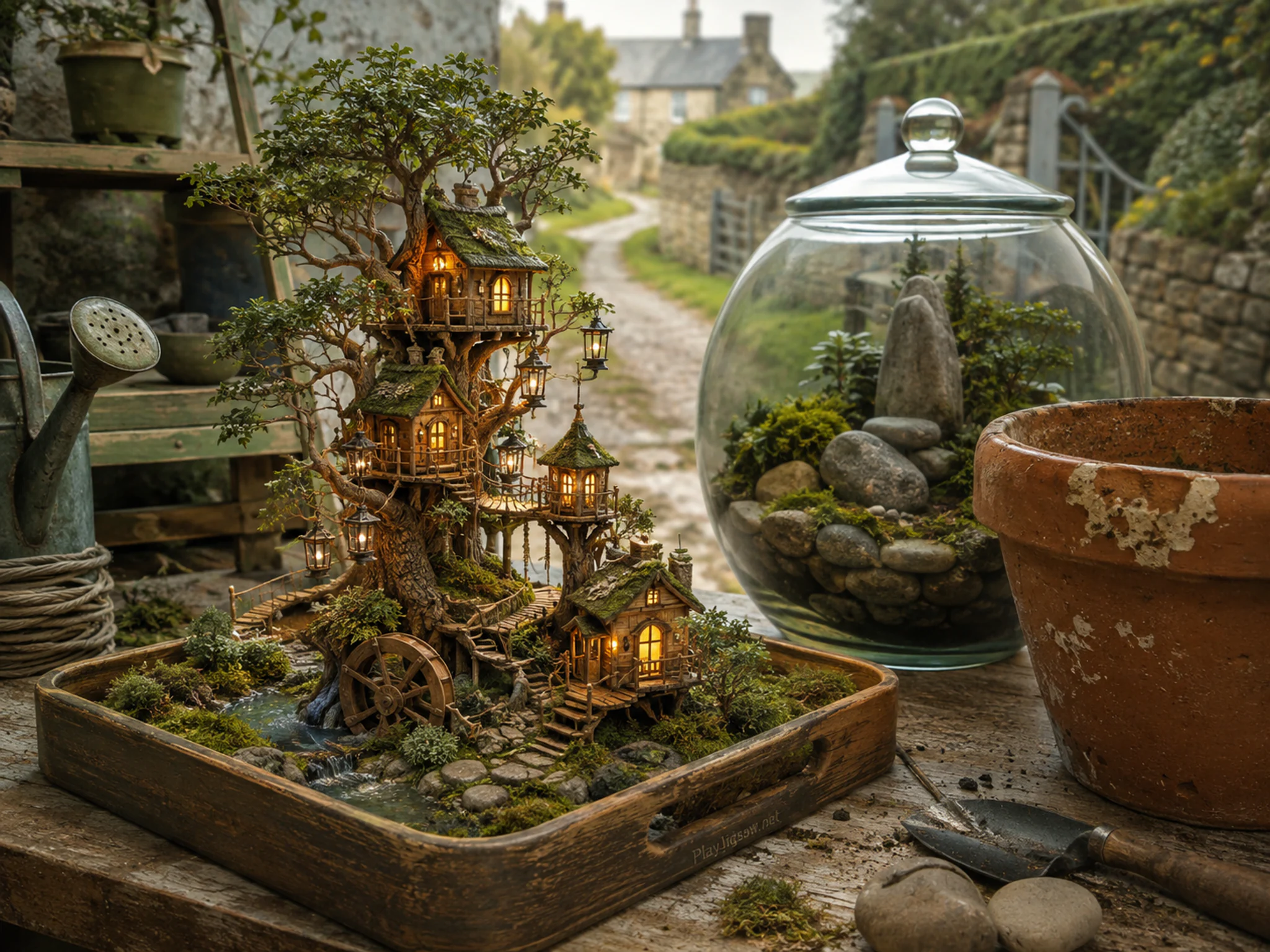treehouse lantern village presented as a handcrafted miniature beside a chipped terracotta pot in a singing-stone garden terrarium on a backyard potting bench, with familiar.