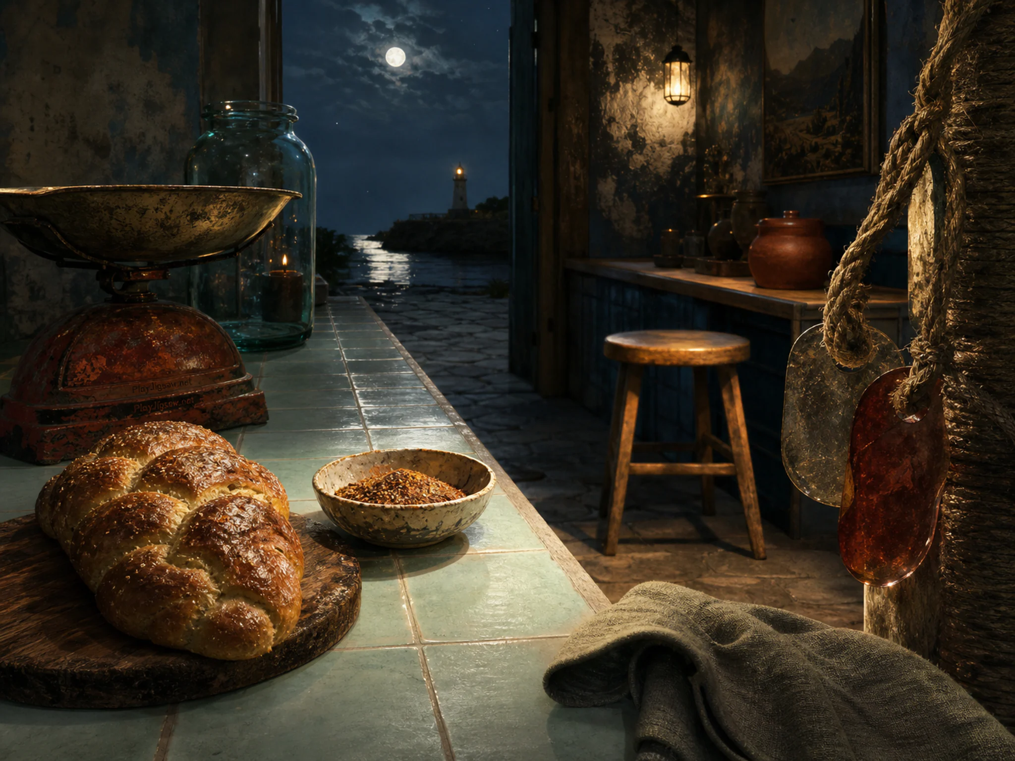 Braided Loaf simmering beside hand-thrown spice bowl in a calm tasting counter, composed as central negative-space corridor surrounded by asymmetrical clusters of large.