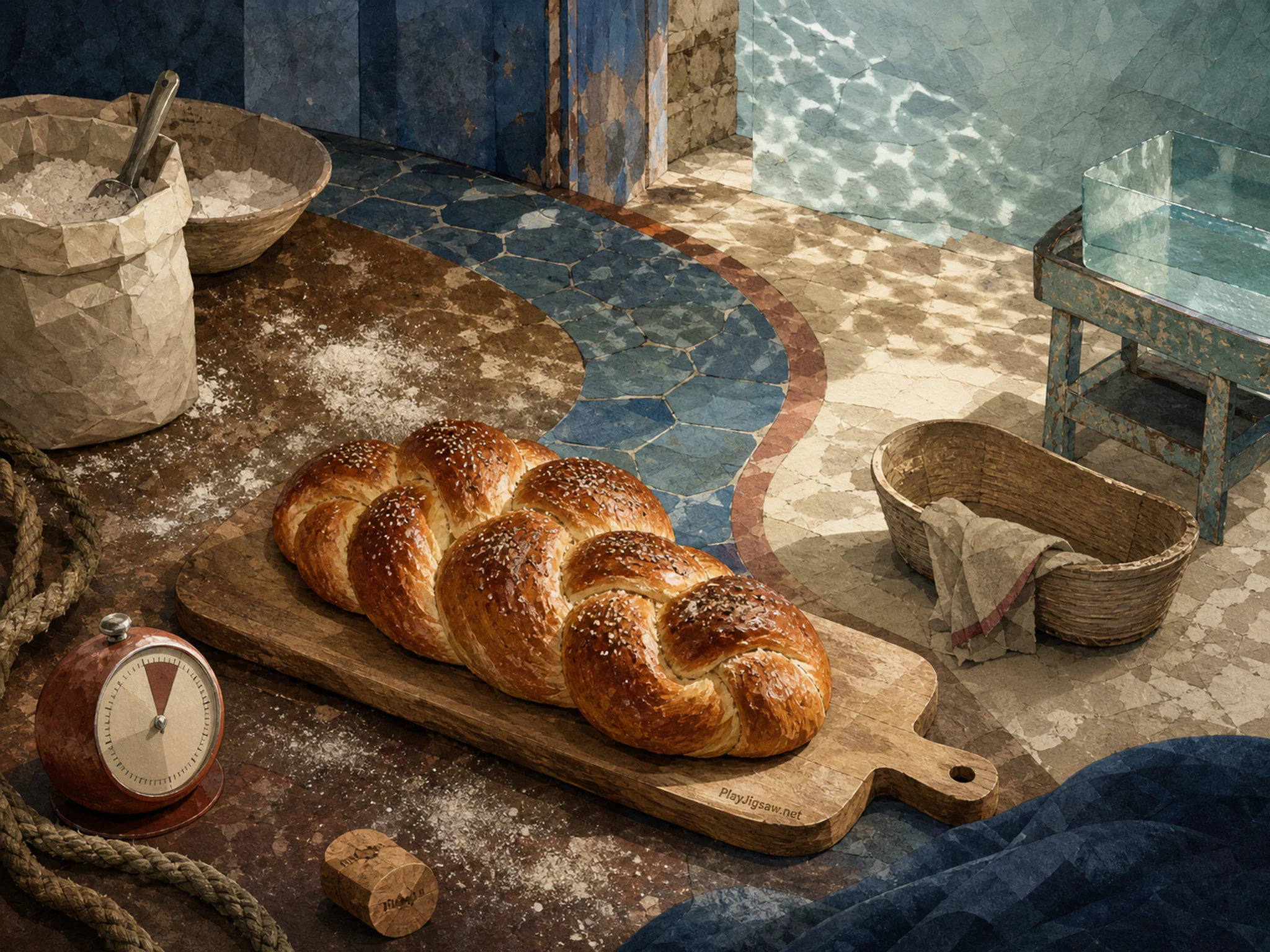 Braided Loaf freshly prepared on wooden serving board in a flour-dusted bakery counter, composed as high oblique view with four large color zones connected by one S-shaped.