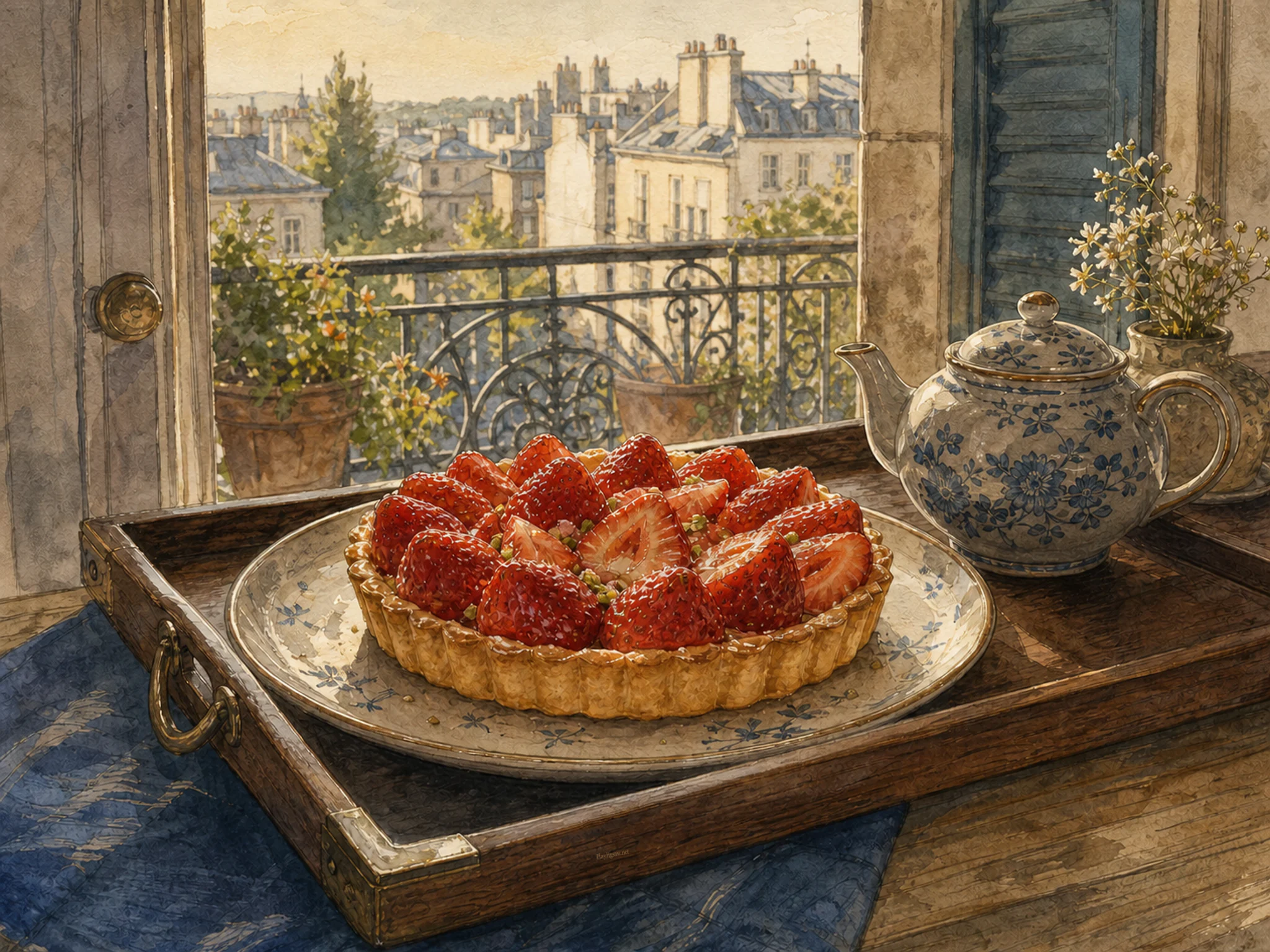strawberry tart prepared naturally beside a small teapot in an afternoon tea tray on a modest apartment balcony, with familiar objects and golden kitchen-window light.