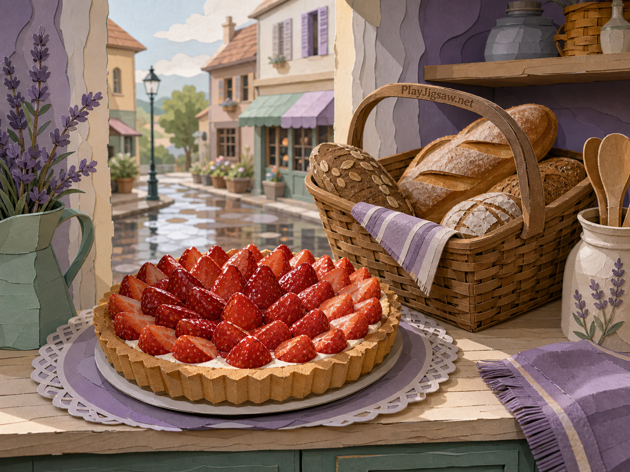 strawberry tart prepared naturally beside a wicker bread basket in a corner bakery counter early in the morning, with familiar objects and sun after a brief rain shower.