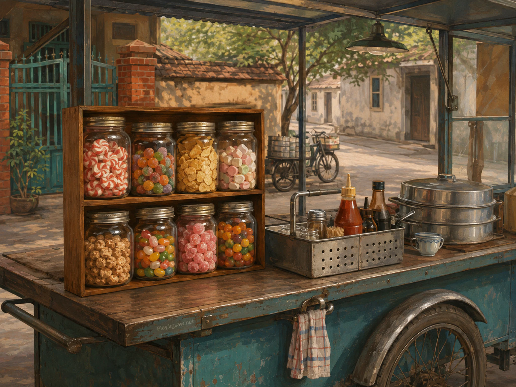 candy jar shelf prepared naturally beside a metal condiment caddy in a neighborhood dumpling cart parked after service with no people, with familiar objects and bright diffused.