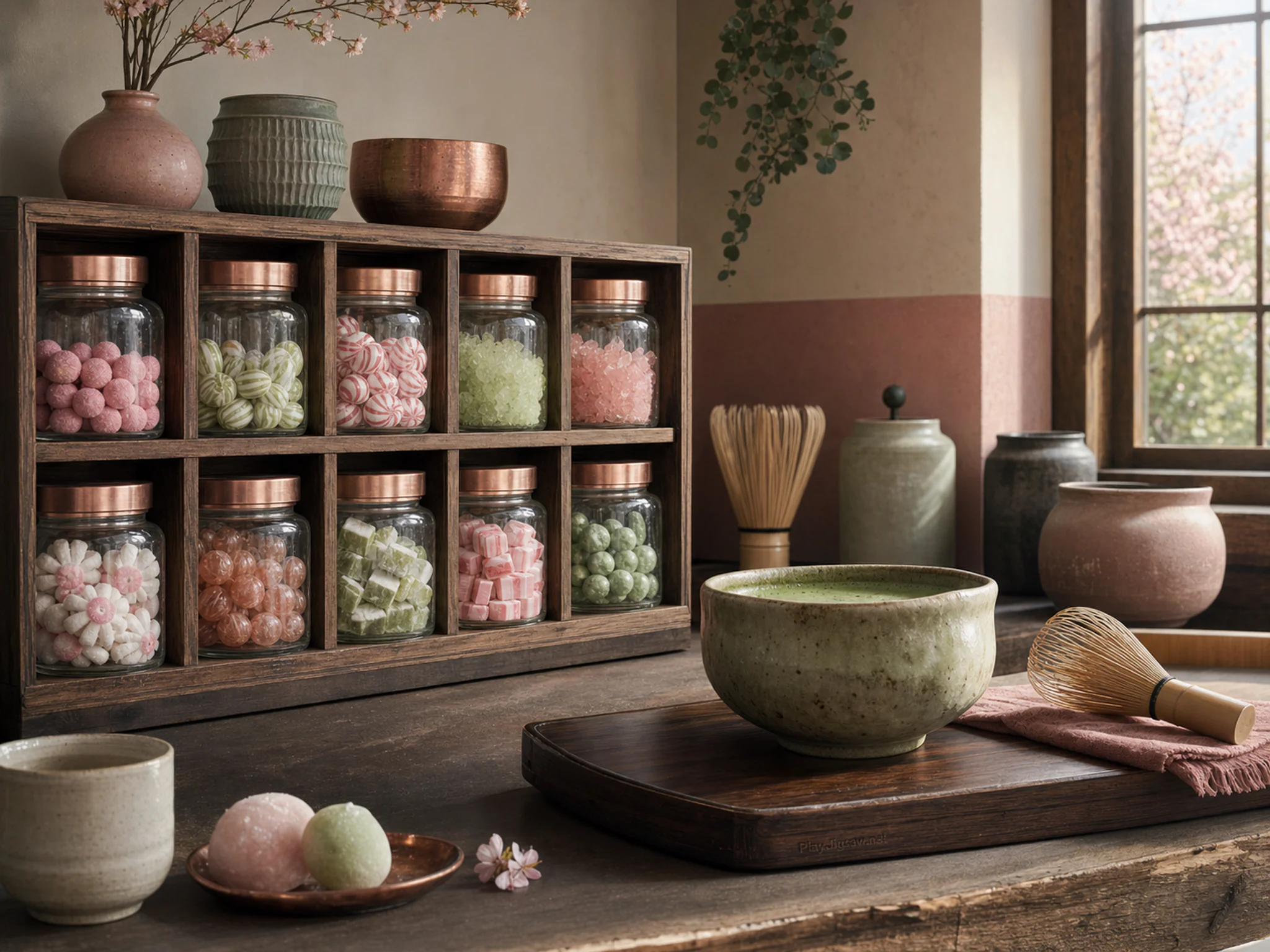candy jar shelf prepared naturally beside a ceramic tea bowl in a quiet matcha tea counter with cups and a manual whisk, with familiar objects and clear early-morning light.