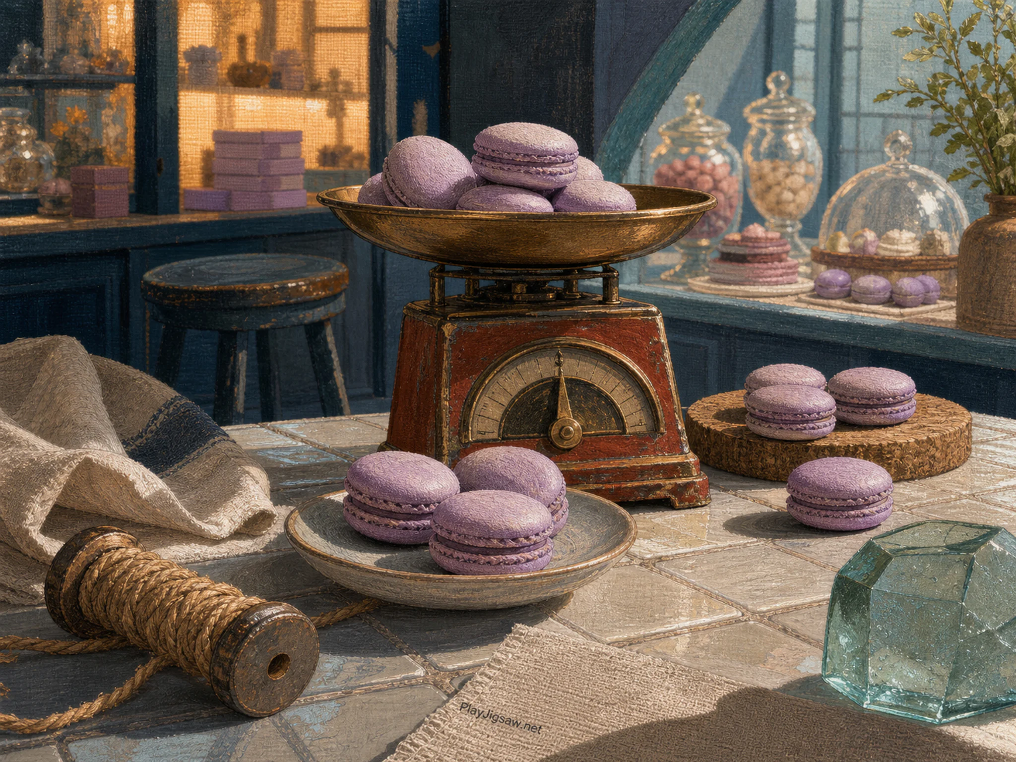 Lavender Macarons arranged around brass market scale in a bright confectionery display, composed as overhead working map with irregular object islands, strong spacing, and a.