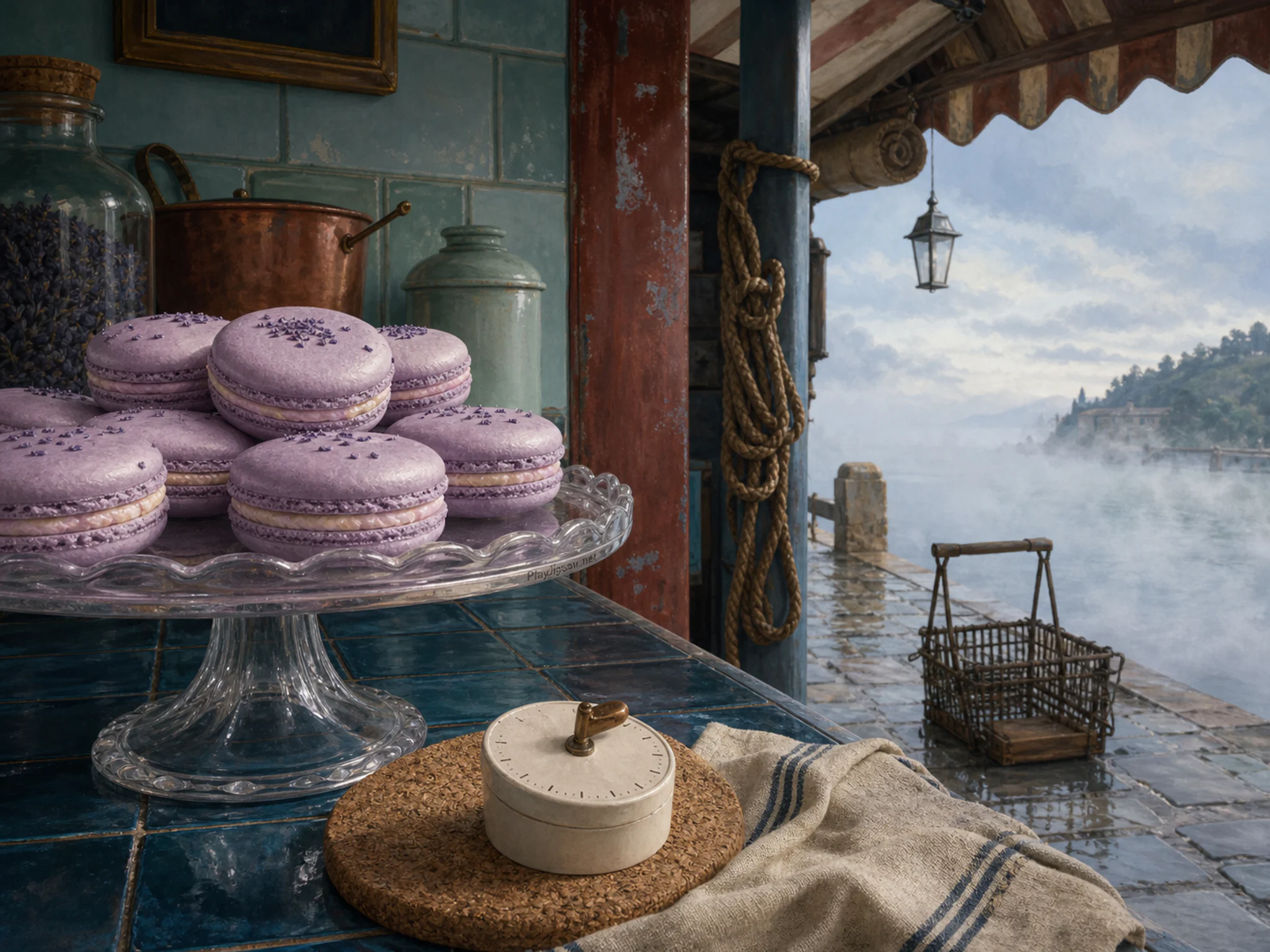 Lavender Macarons displayed across glass cake stand in a lively sheltered food stall, composed as close foreground detail on one side balanced by a small complete subject in the.