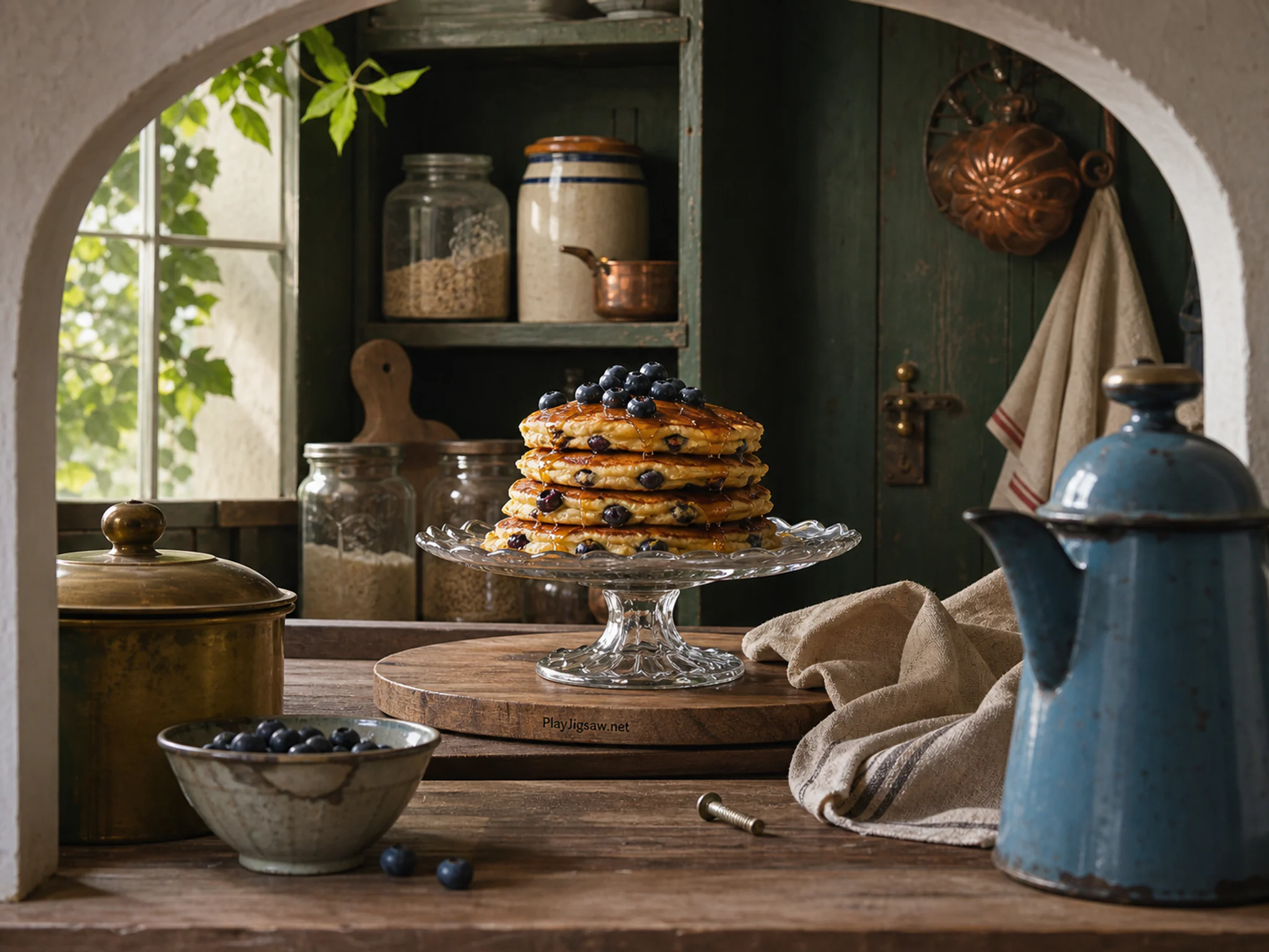 Blueberry Pancakes displayed across glass cake stand in a practical pantry workspace, composed as view through a practical opening such as a hatch, arch, shelf gap, or equipment.