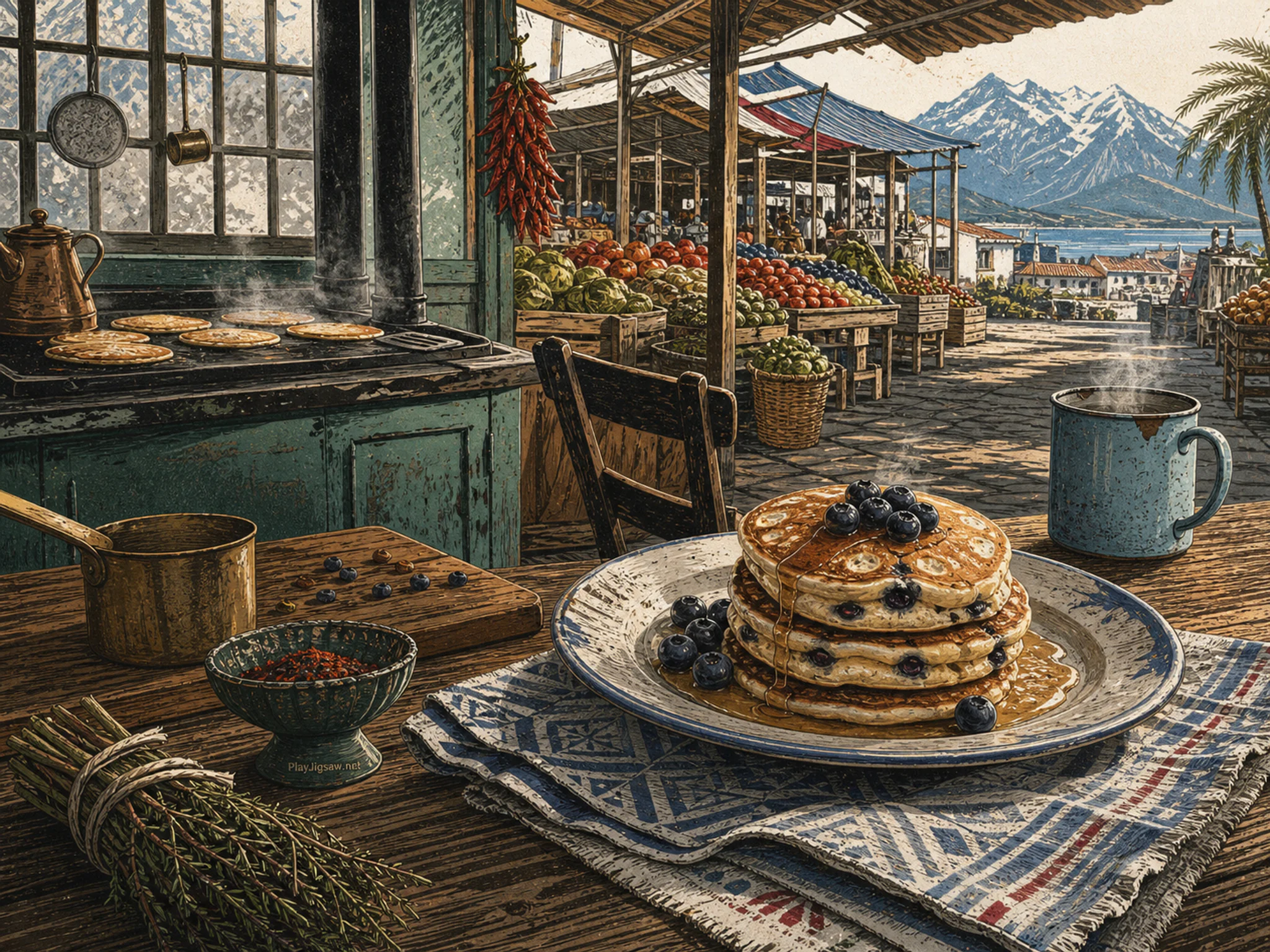 Blueberry Pancakes served beside patterned breakfast cloth in a colorful produce market, composed as split-level composition showing above and below, inside and outside, or wet.