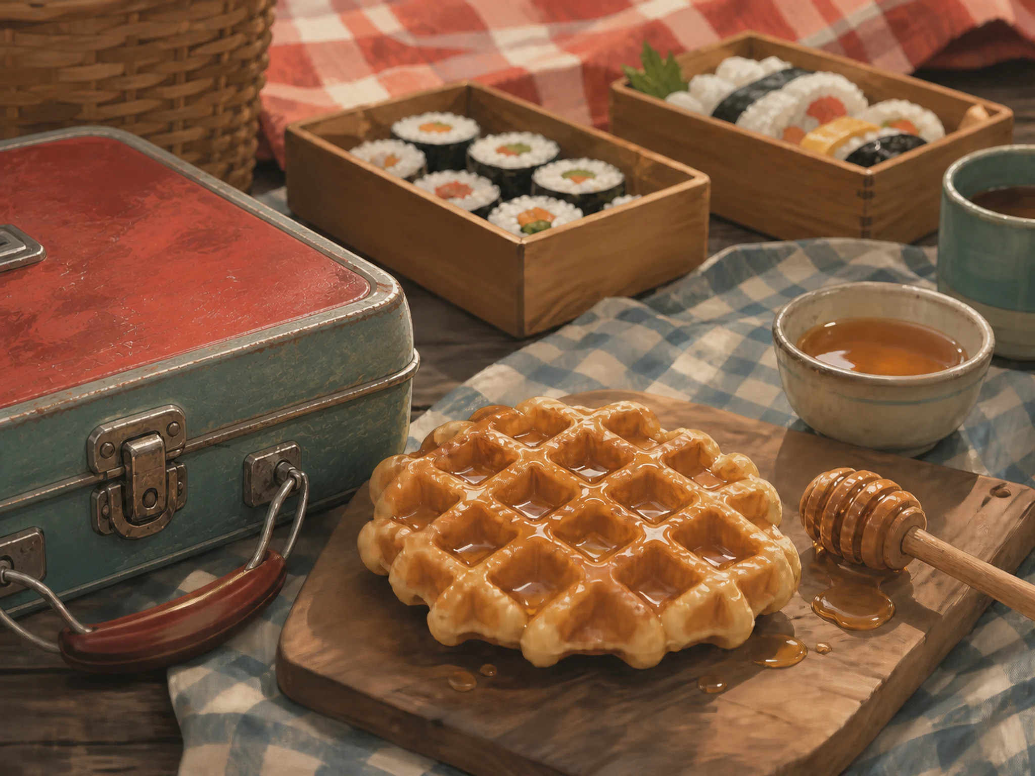 honey waffles prepared naturally beside a wooden chopping board in a family picnic-prep table with sushi boxes and a checked cloth, with familiar objects and soft overcast.