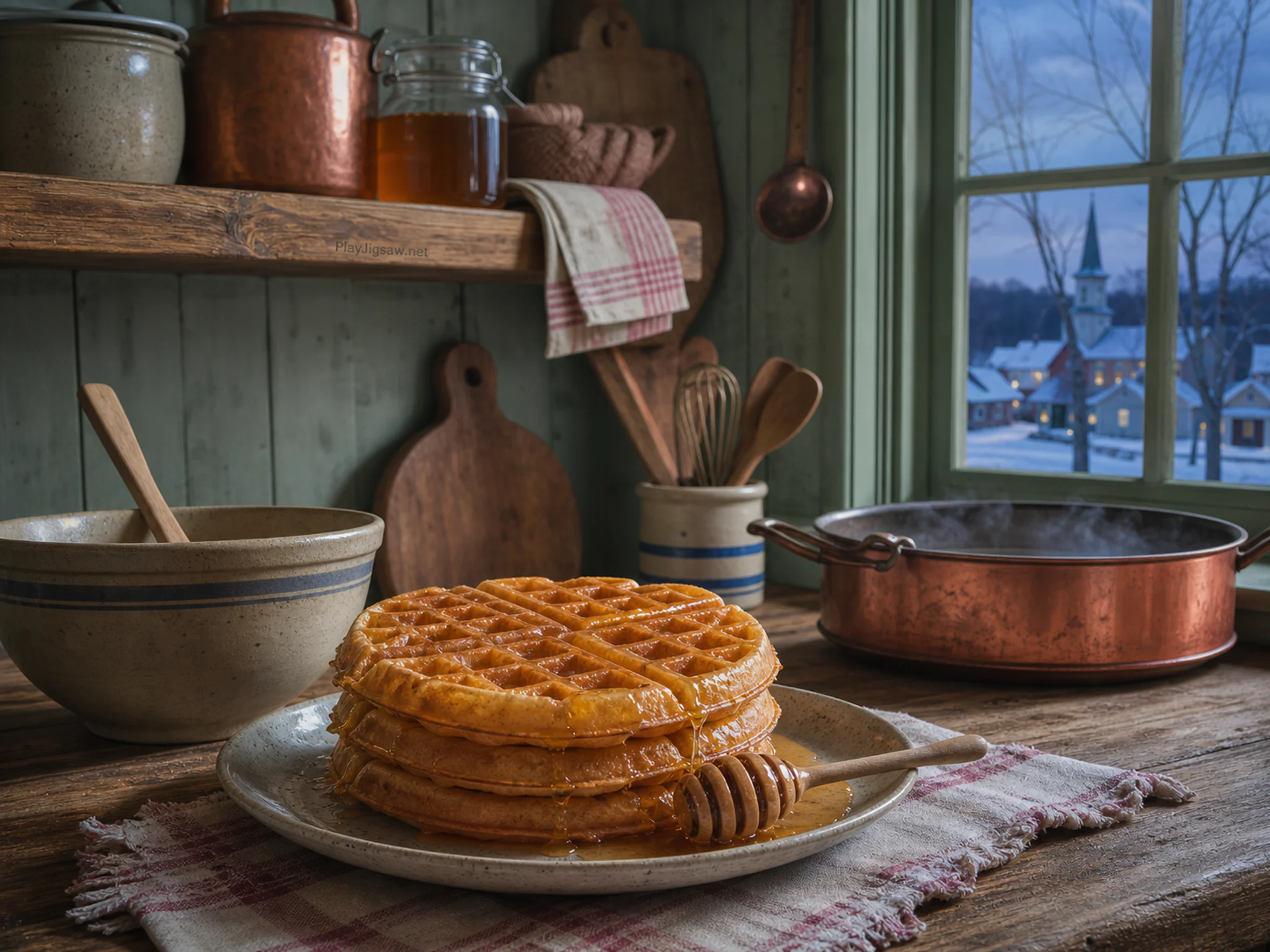 honey waffles prepared naturally beside a stoneware mixing bowl in a farmhouse kitchen with a maple-sugar pan cooling by the window, with familiar objects and cool blue-hour light.