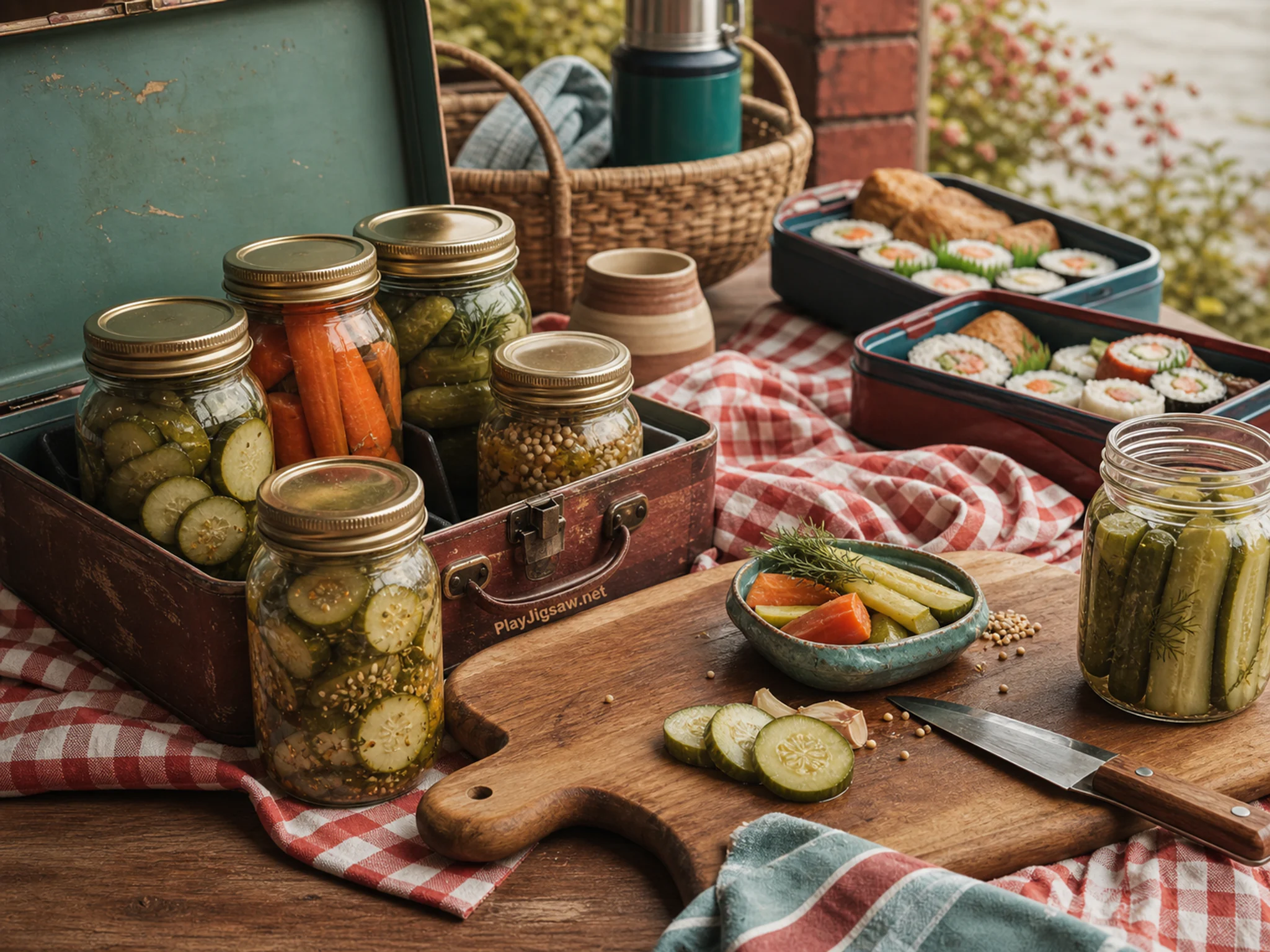pickle pantry prepared naturally beside a wooden chopping board in a family picnic-prep table with sushi boxes and a checked cloth, with familiar objects and soft overcast.