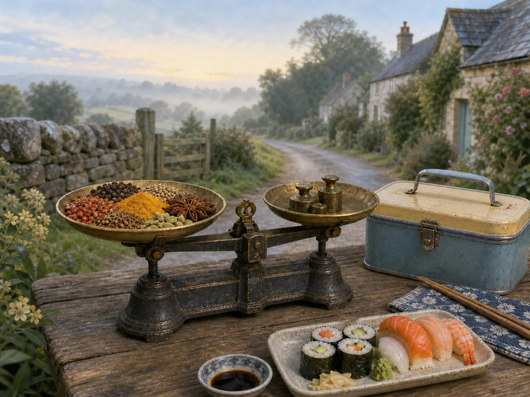 spice merchant scale prepared naturally beside an enamel lunch tin in a simple sushi picnic table beside a country lane, with familiar objects and calm misty dawn.