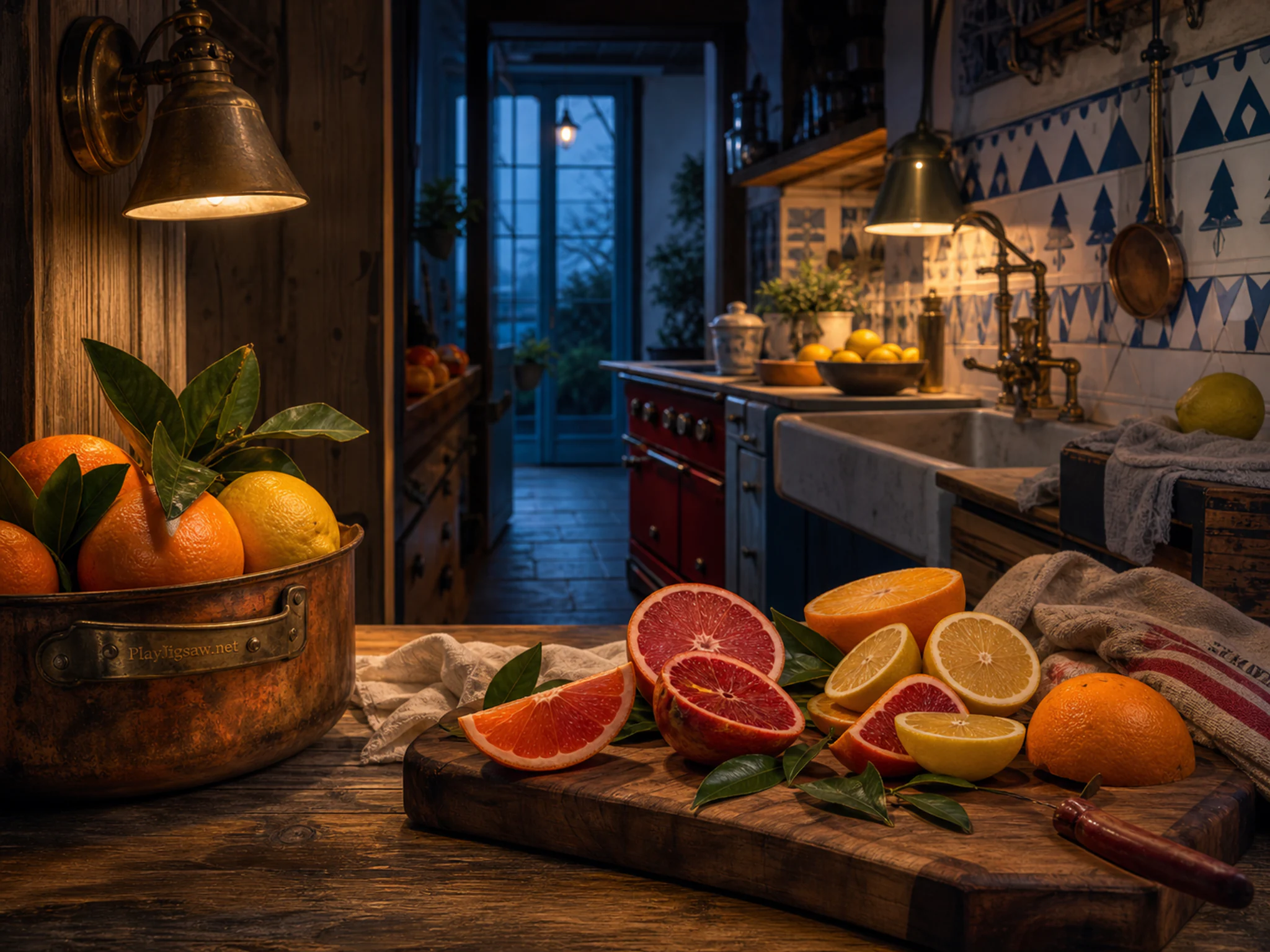 Citrus Market freshly prepared on wooden serving board in a warm working kitchen, composed as view from behind a foreground work surface toward a narrow diagonal route and a.