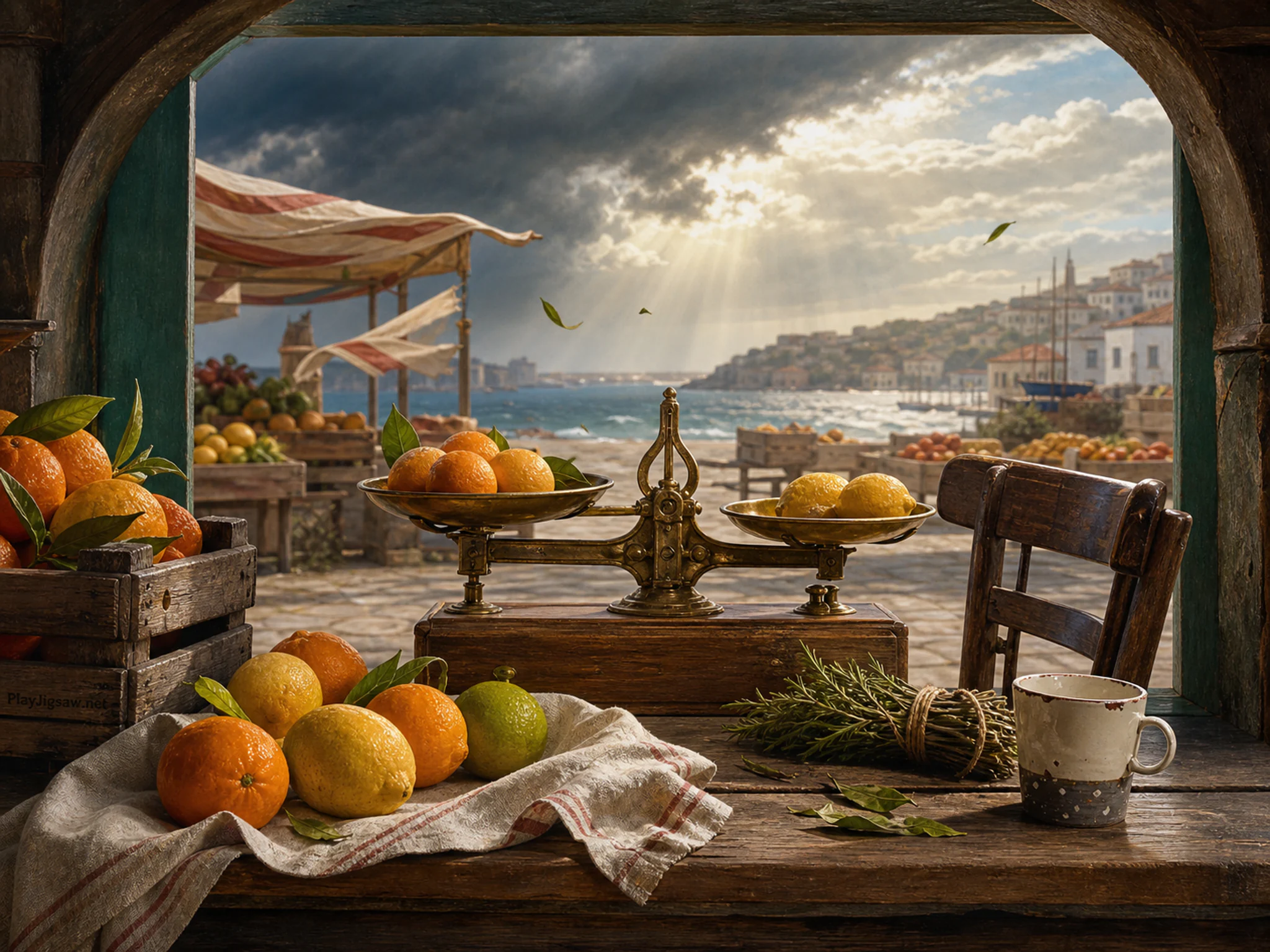 Citrus Market arranged around brass market scale in a sunlit breakfast table, composed as view through a practical opening such as a hatch, arch, shelf gap, or equipment frame.