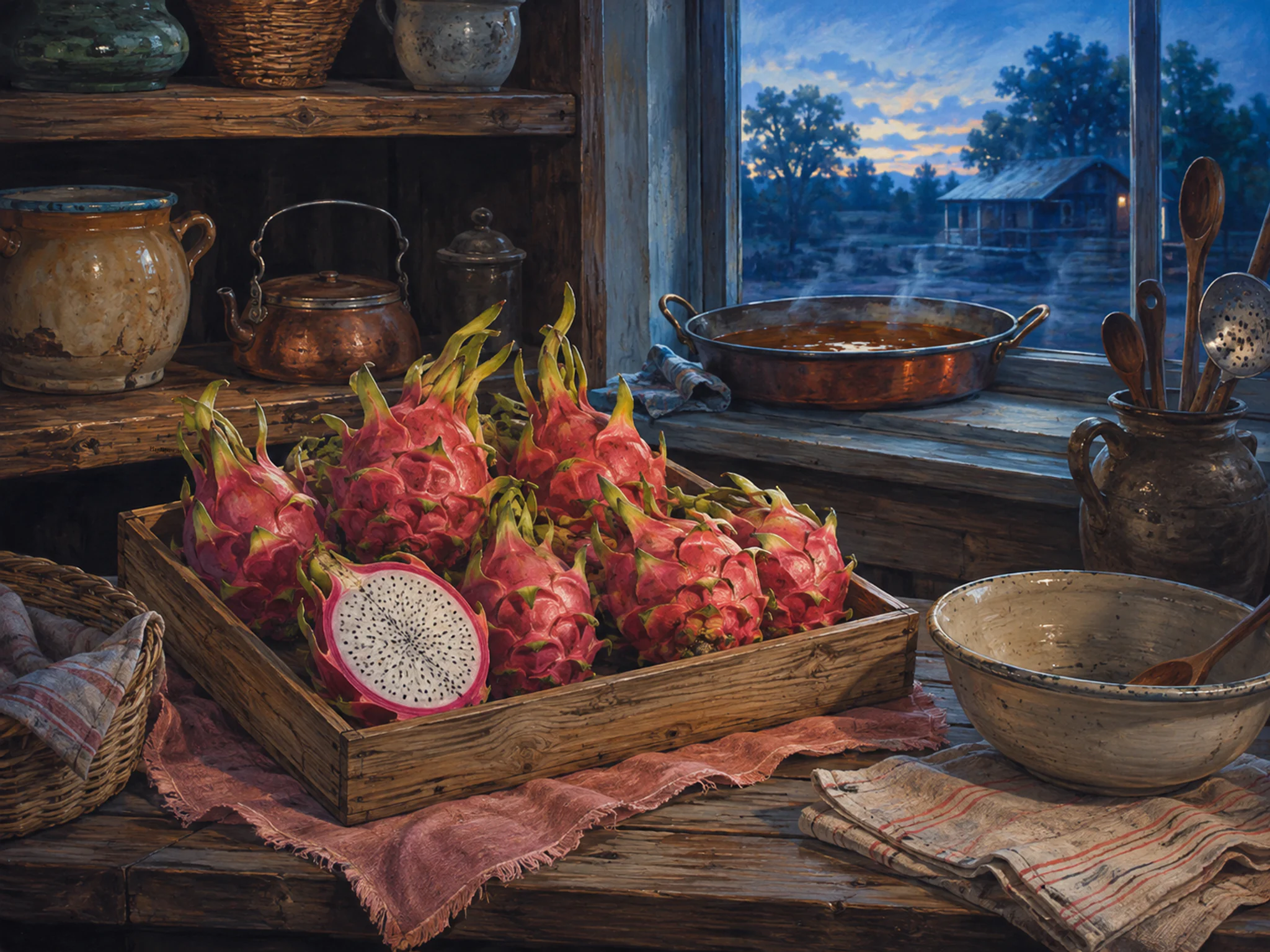 dragon fruit stall prepared naturally beside a stoneware mixing bowl in a farmhouse kitchen with a maple-sugar pan cooling by the window, with familiar objects and cool blue-hour.