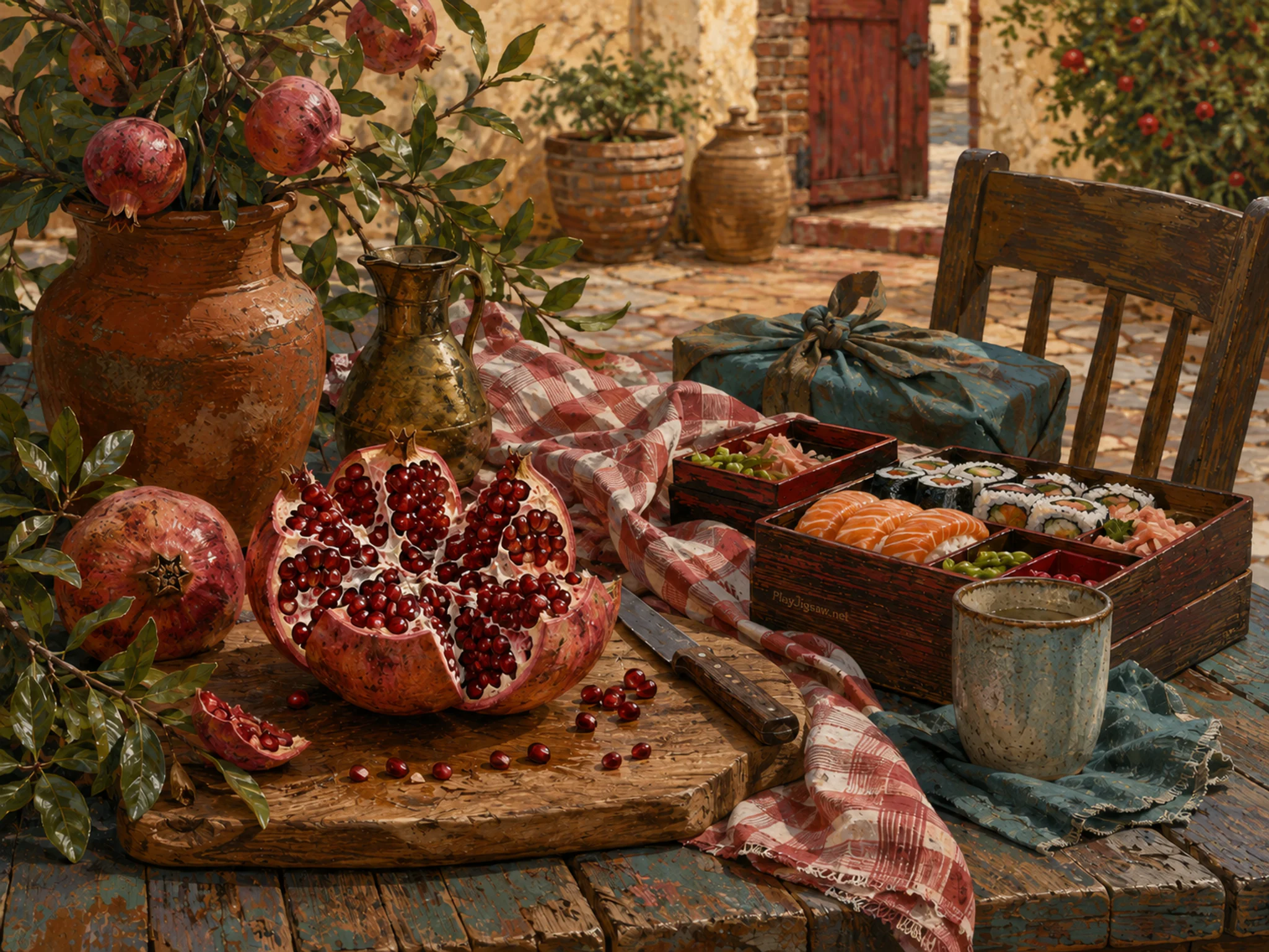 pomegranate courtyard prepared naturally beside a wooden chopping board in a family picnic-prep table with sushi boxes and a checked cloth, with familiar objects and soft.