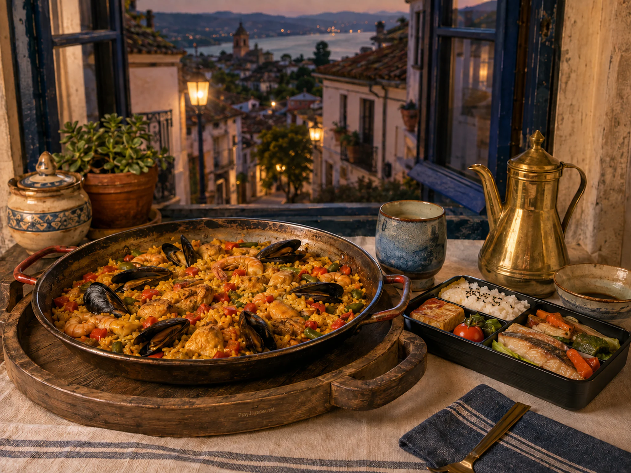 cobalt paella prepared naturally beside a familiar bento tray in a breakfast table beside an open kitchen window, with familiar objects and warm lamplight at dusk.